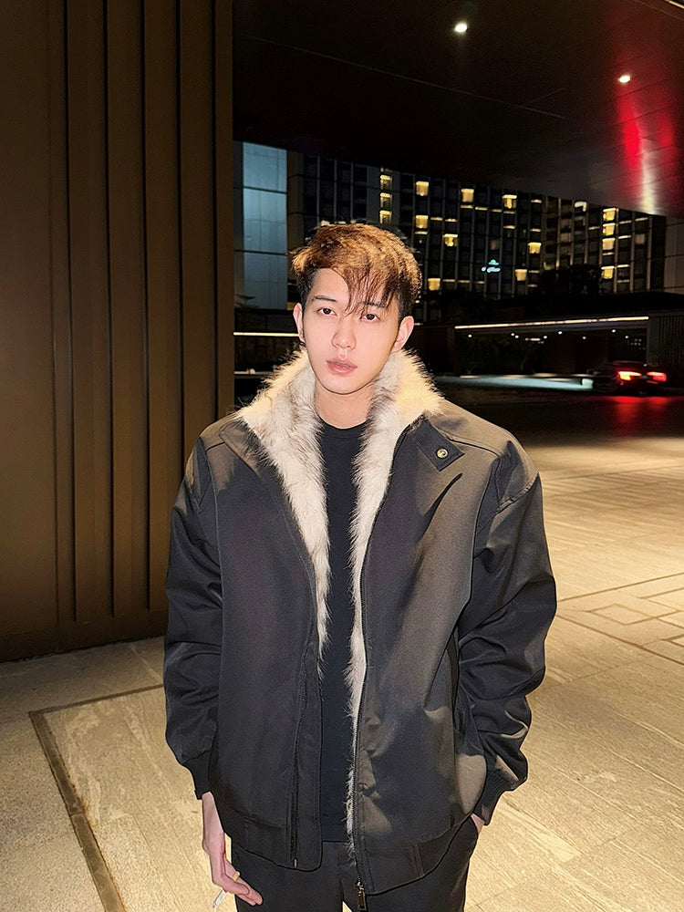 Black Bomber Jacket with Light Faux Fur Trimmed Lapel