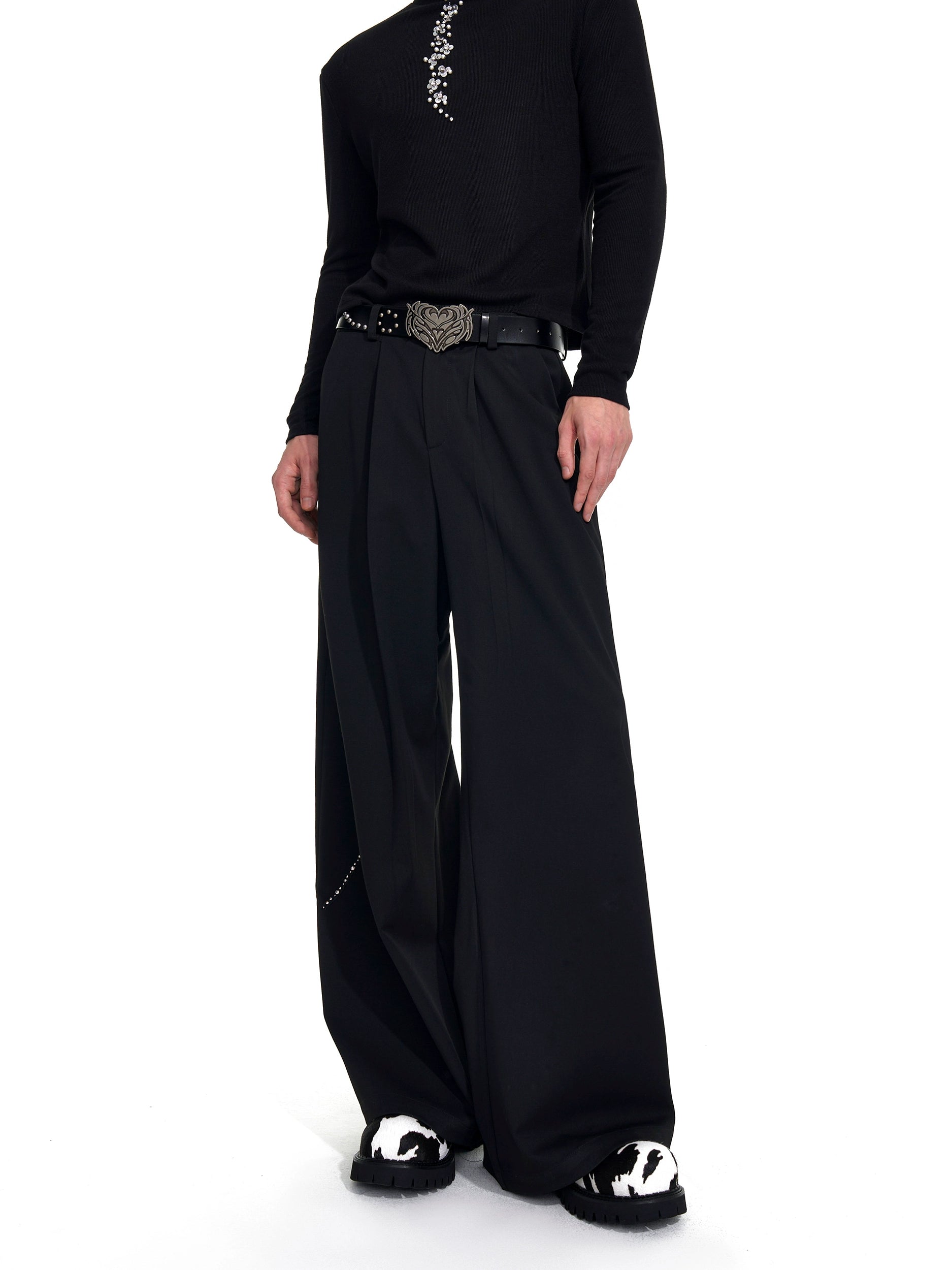 Cropped Embellished Black Blazer and Wide Leg Trousers Setup