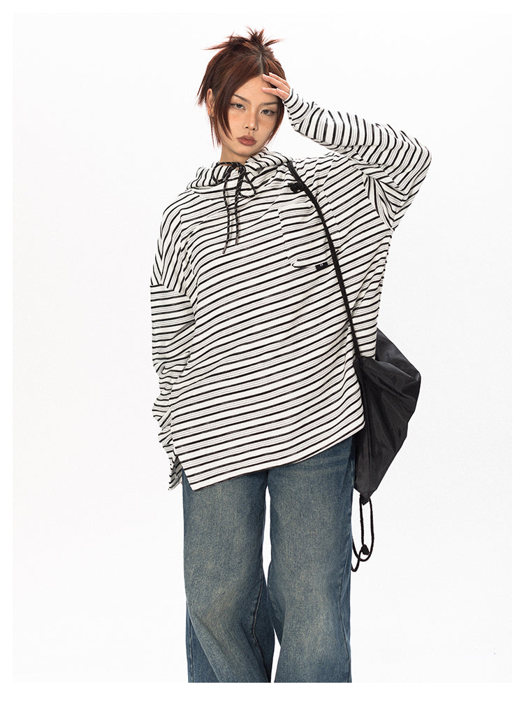 Striped Contrast Color Hooded T-Shirt - chiclara