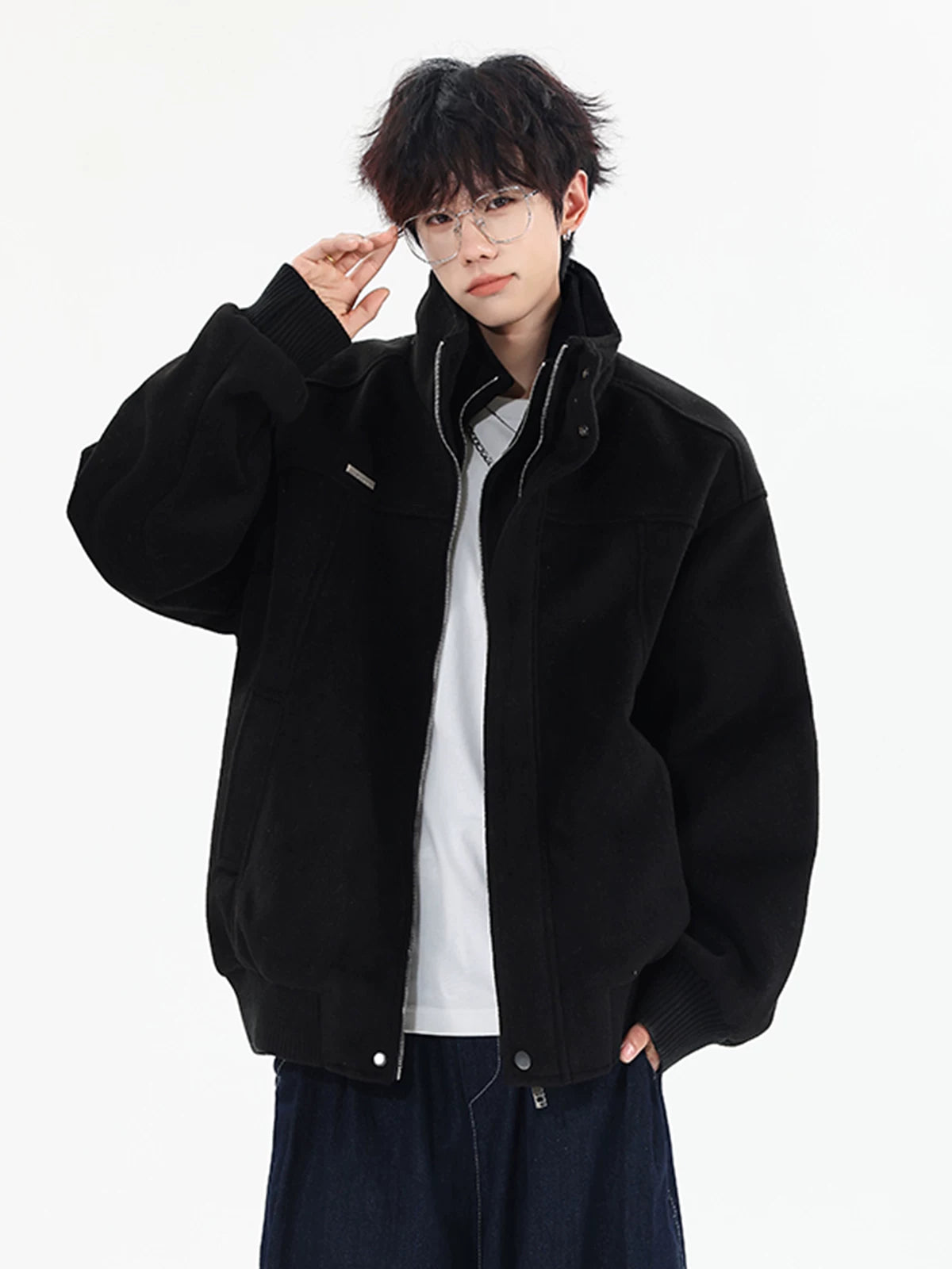 Frostloom Stand‑Collar Wool Bomber Jacket