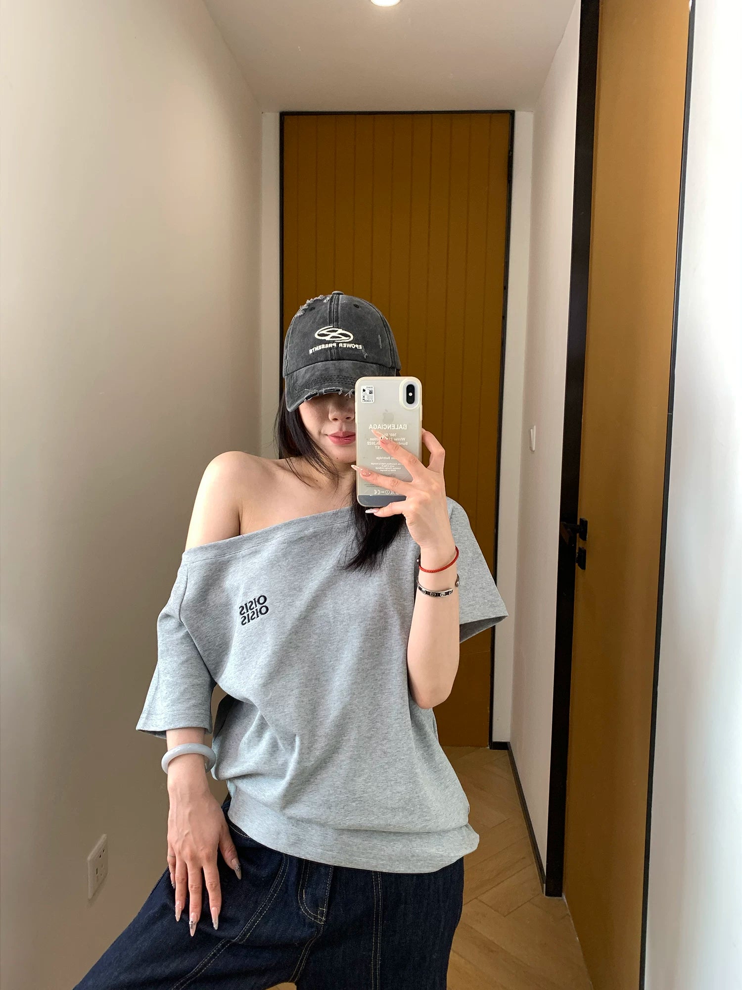 Ash Off-Shoulder Logo Tee