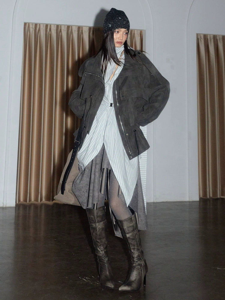 Pinstripe Asymmetric Belted Shirt Dress