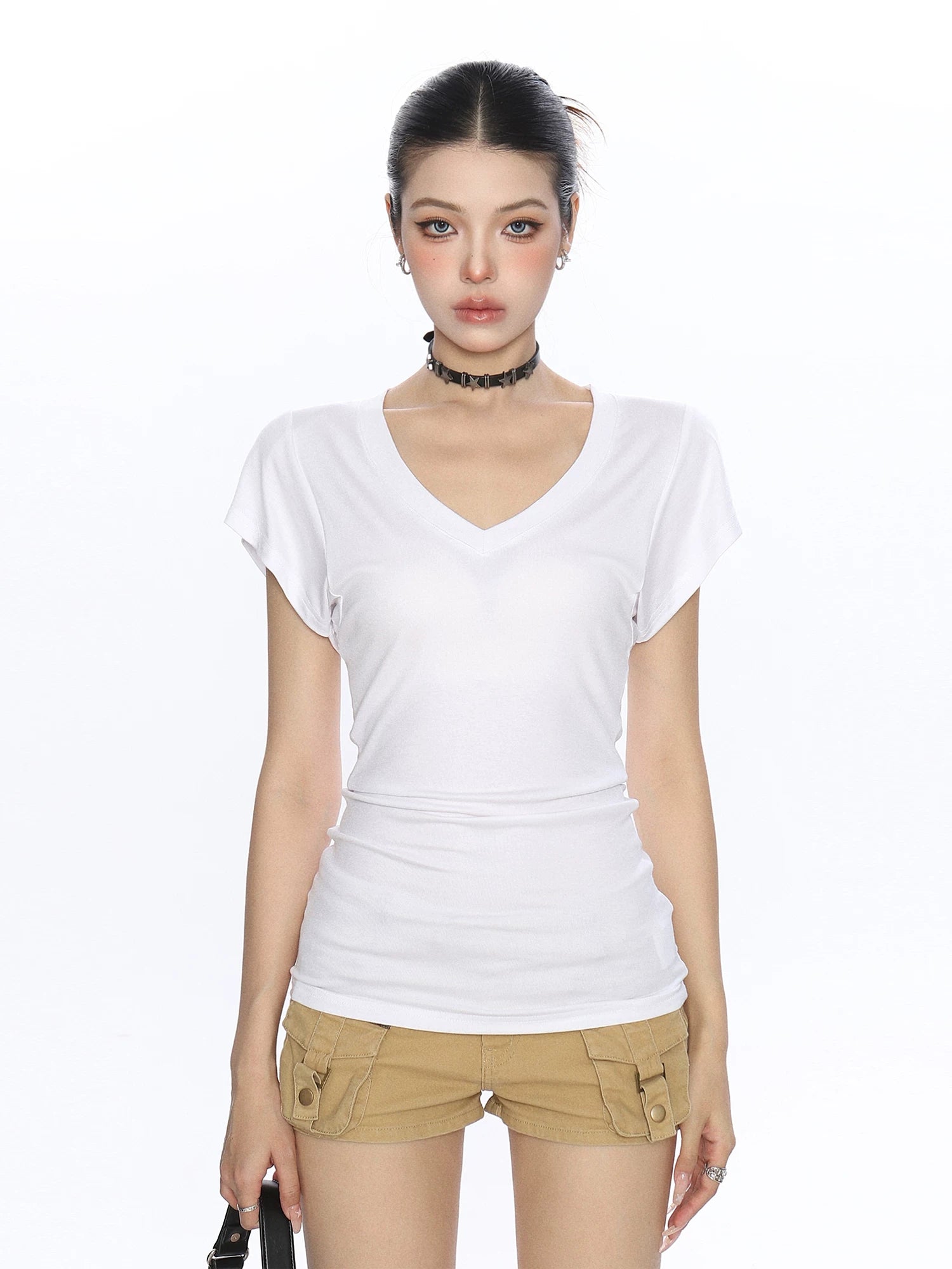 Slim V-Neck Ruched Short-Sleeve T-Shirt