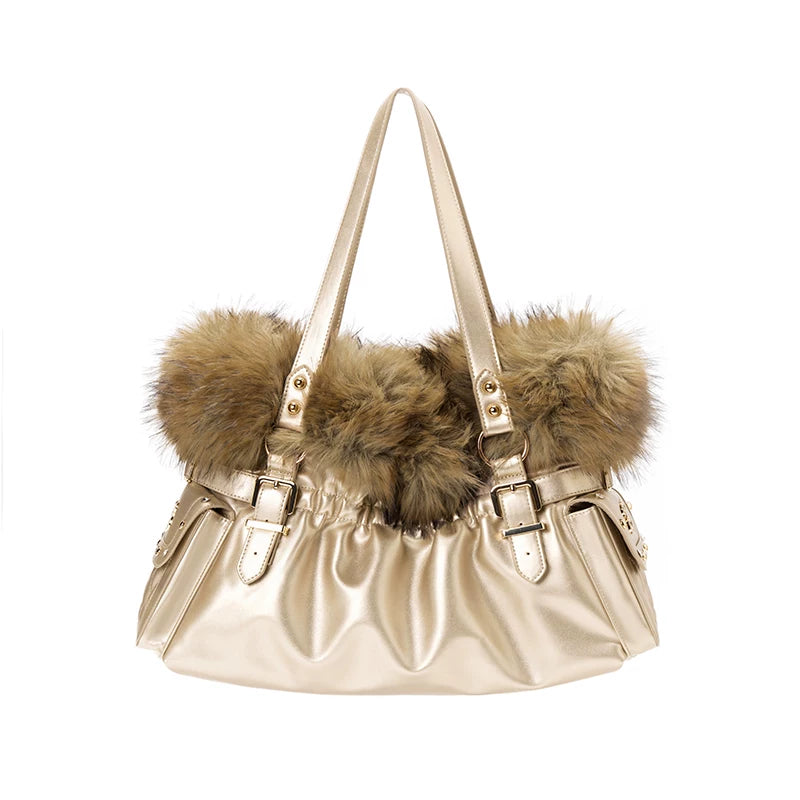 Golden Purr Luxe Faux‑Fur Charm Tote