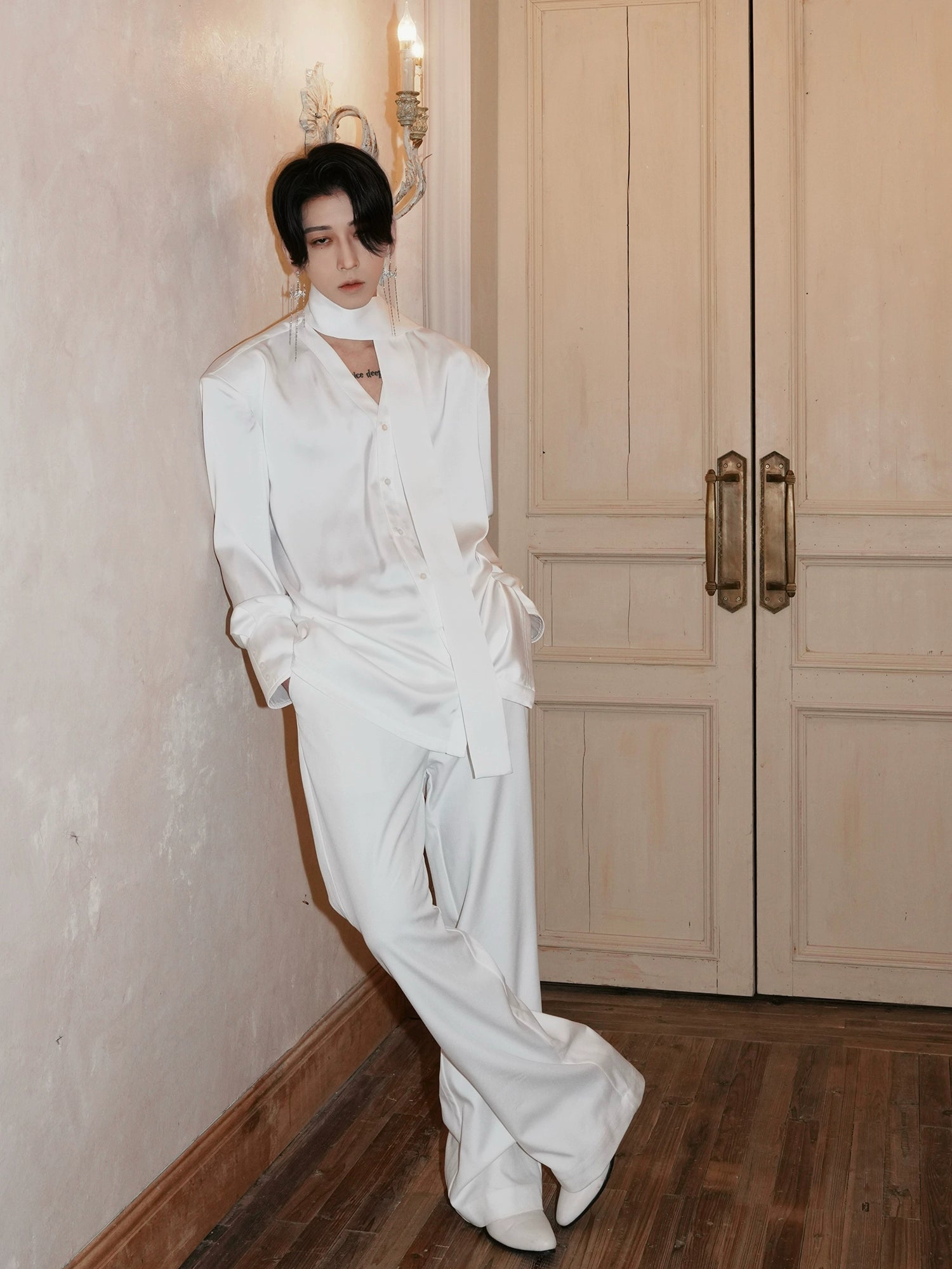 White Satin Scarf Collar Shirt