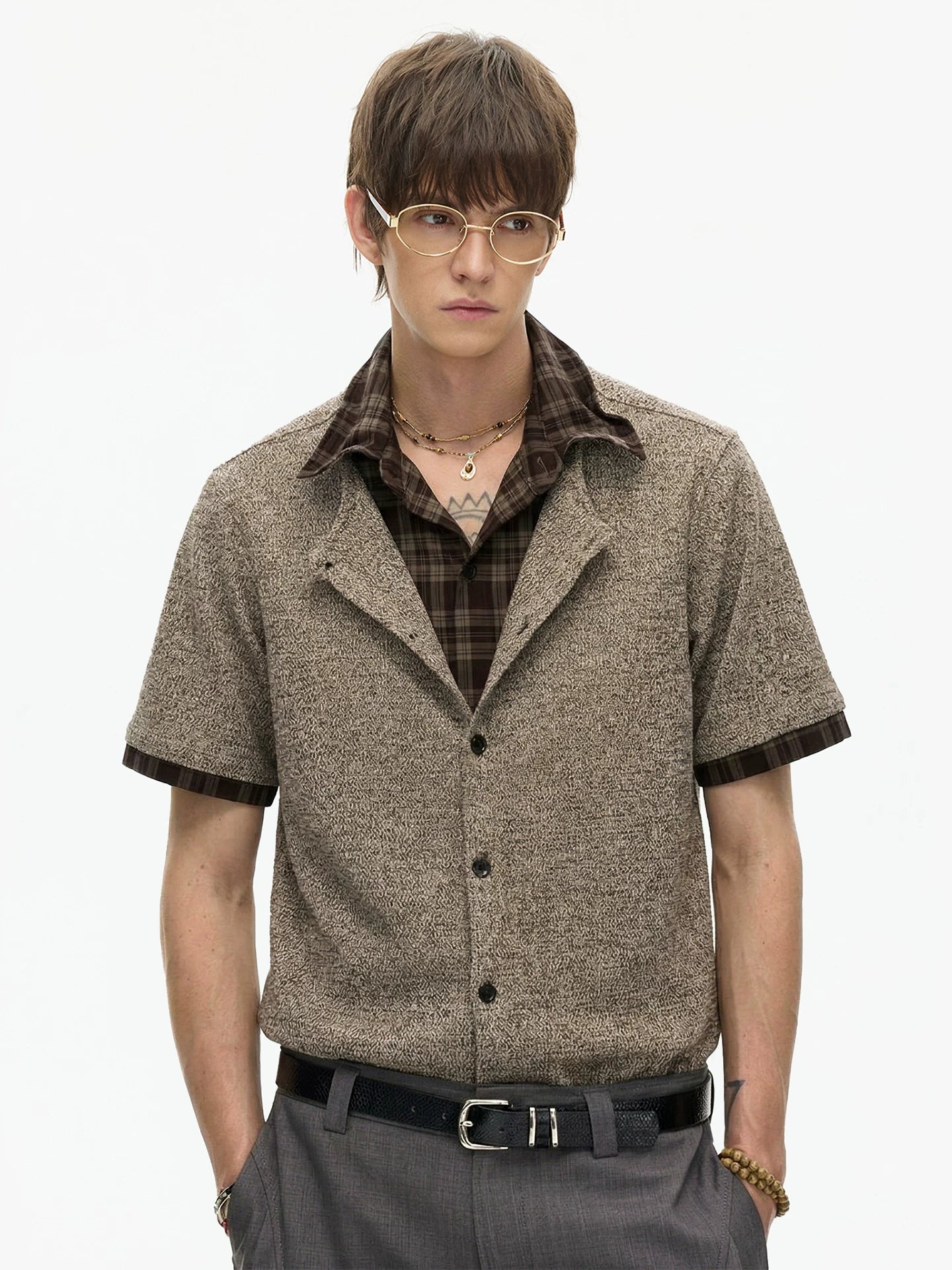 Mocha Plaid Trim Knit Shirt