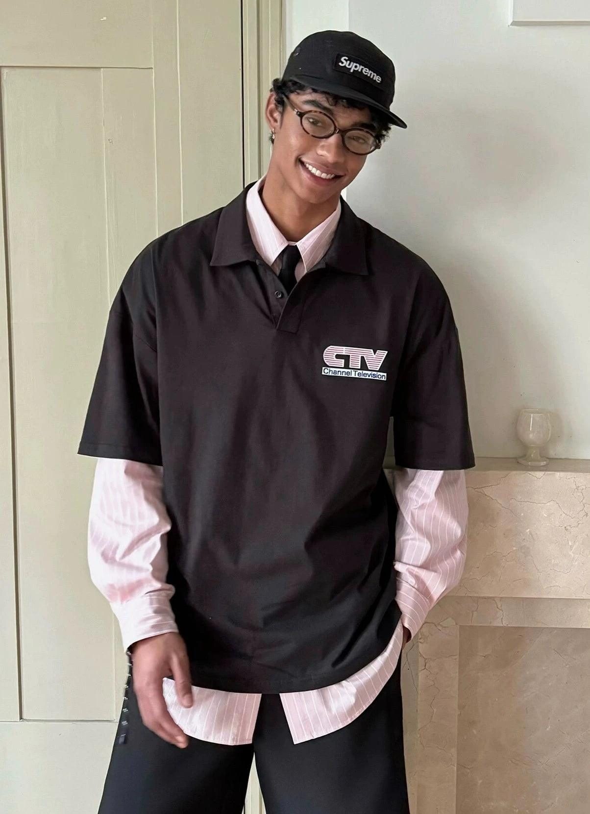 Weave Studio Layered Polo And Pinstripe Shirt Set - Black Ctv Logo Polo Over Pink Button-Down