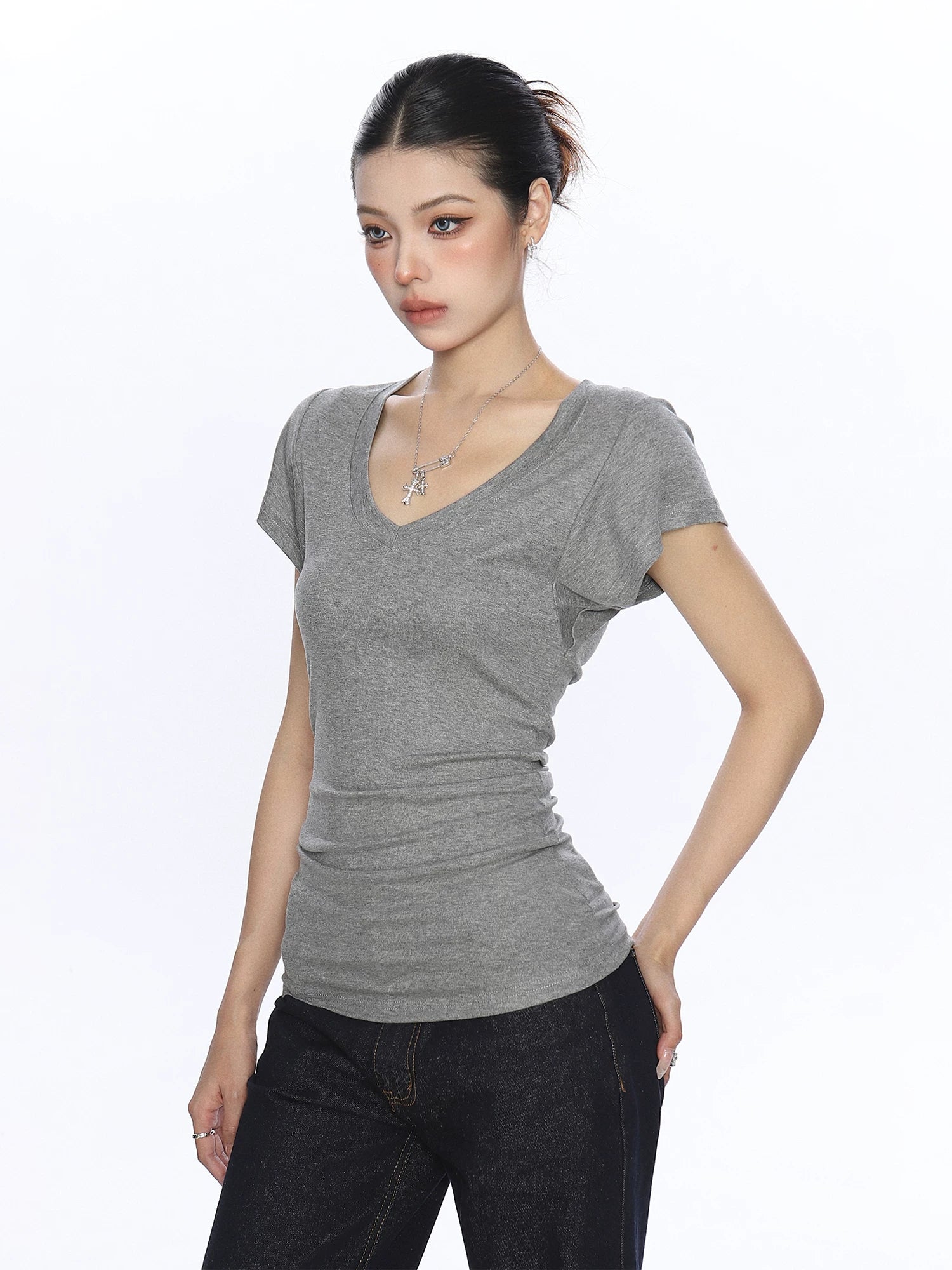 Slim V-Neck Ruched Short-Sleeve T-Shirt