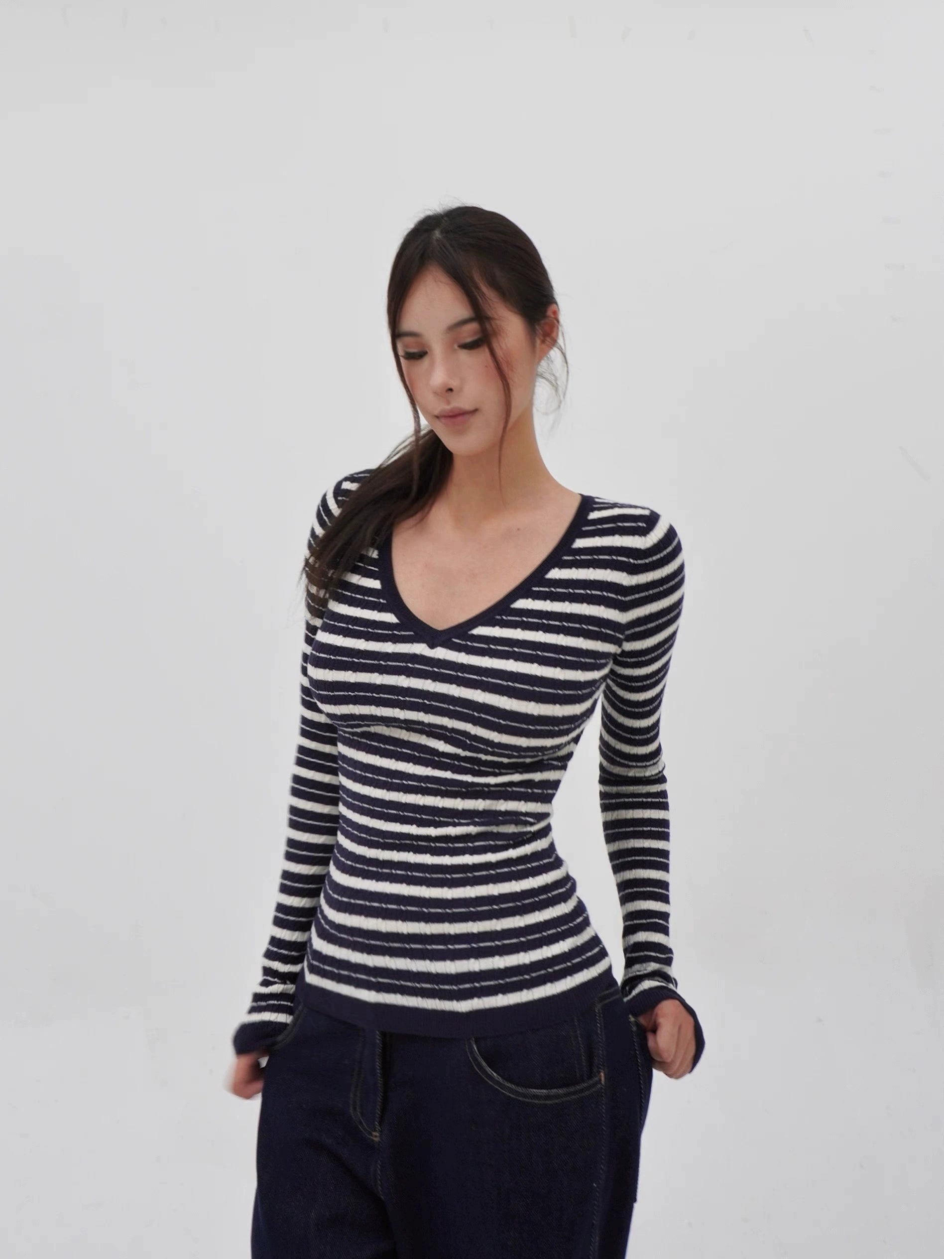 Low V-Neck Slim-Fit Long Sleeve Sweater