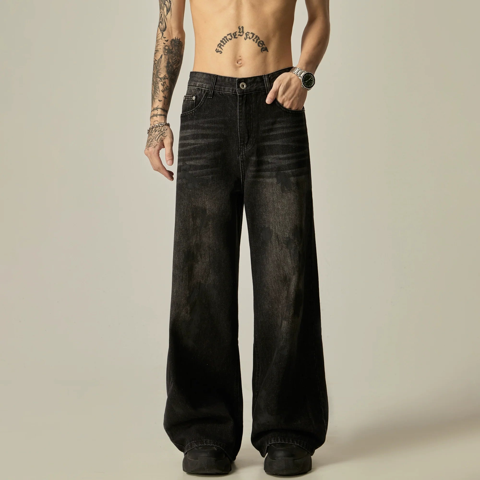 Wide-Leg Distressed Dark Wash Jeans