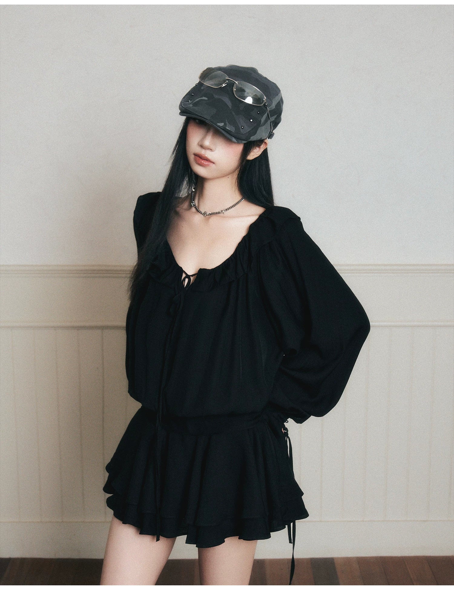 Midnight Ruffle Poet Mini Dress