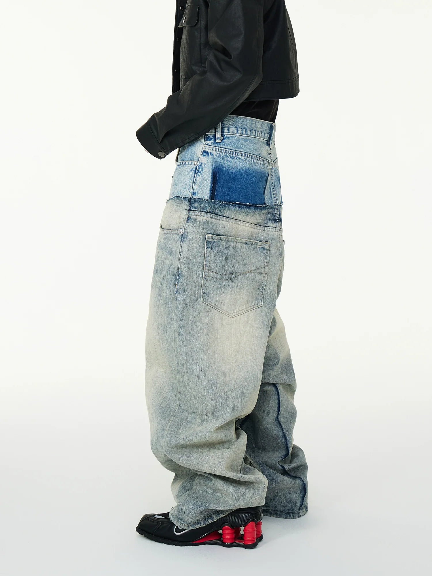 Layered Two-Tone High-Waisted Baggy Jeans