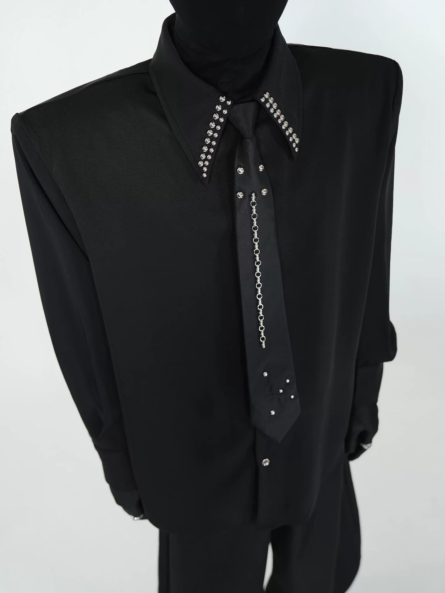 Crystal Crest Studded Collar Shirt & Chain Tie Set
