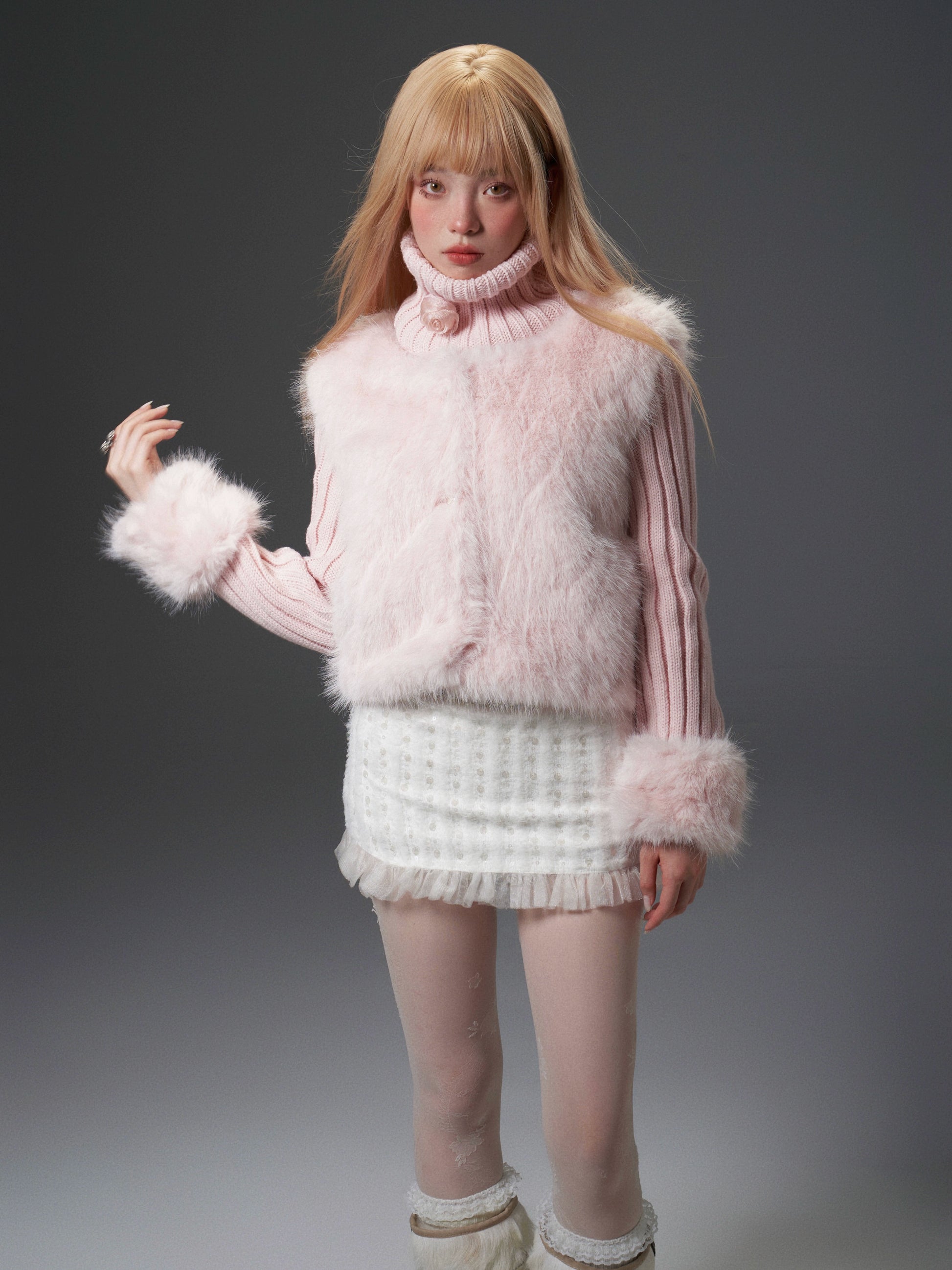 Pink Mixed-Texture Fur Jacket