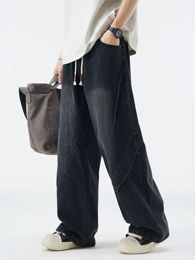 Paneled Drawstring Wide-Leg Jeans