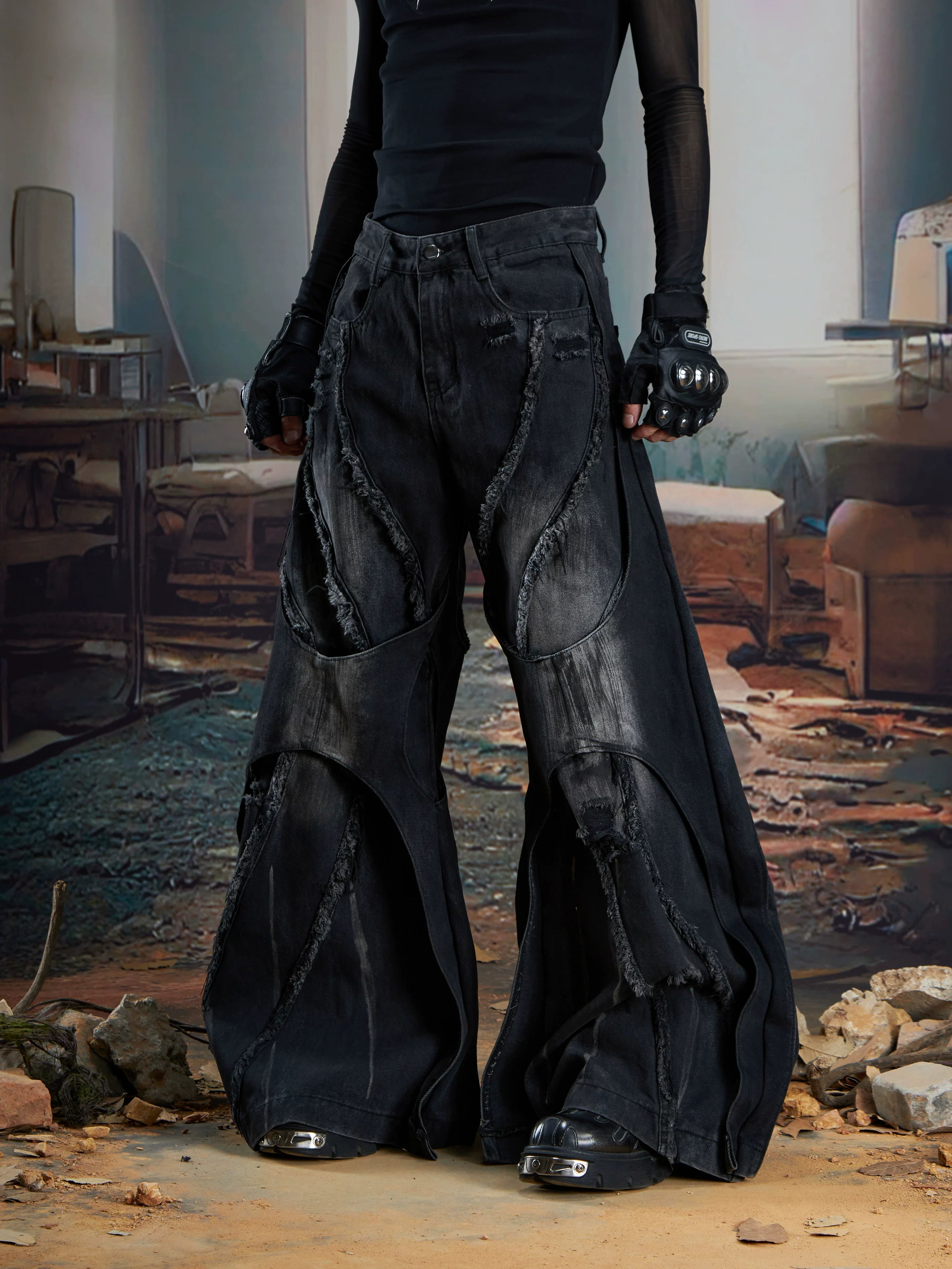 Obsidian Rift Shredded Flare Denim Pants