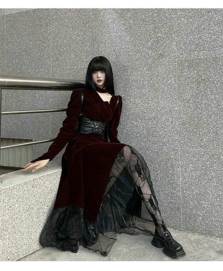 Ladyghost Gothic Victorian Maxi Dress - Women'S Burgundy Velvet And Black Mesh Layered Gown With Corset Belt