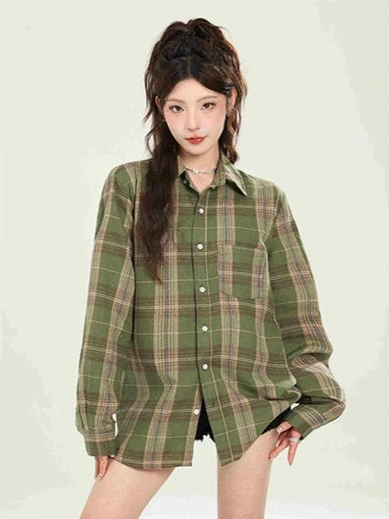 Vintage Loose Blue Plaid Shirt