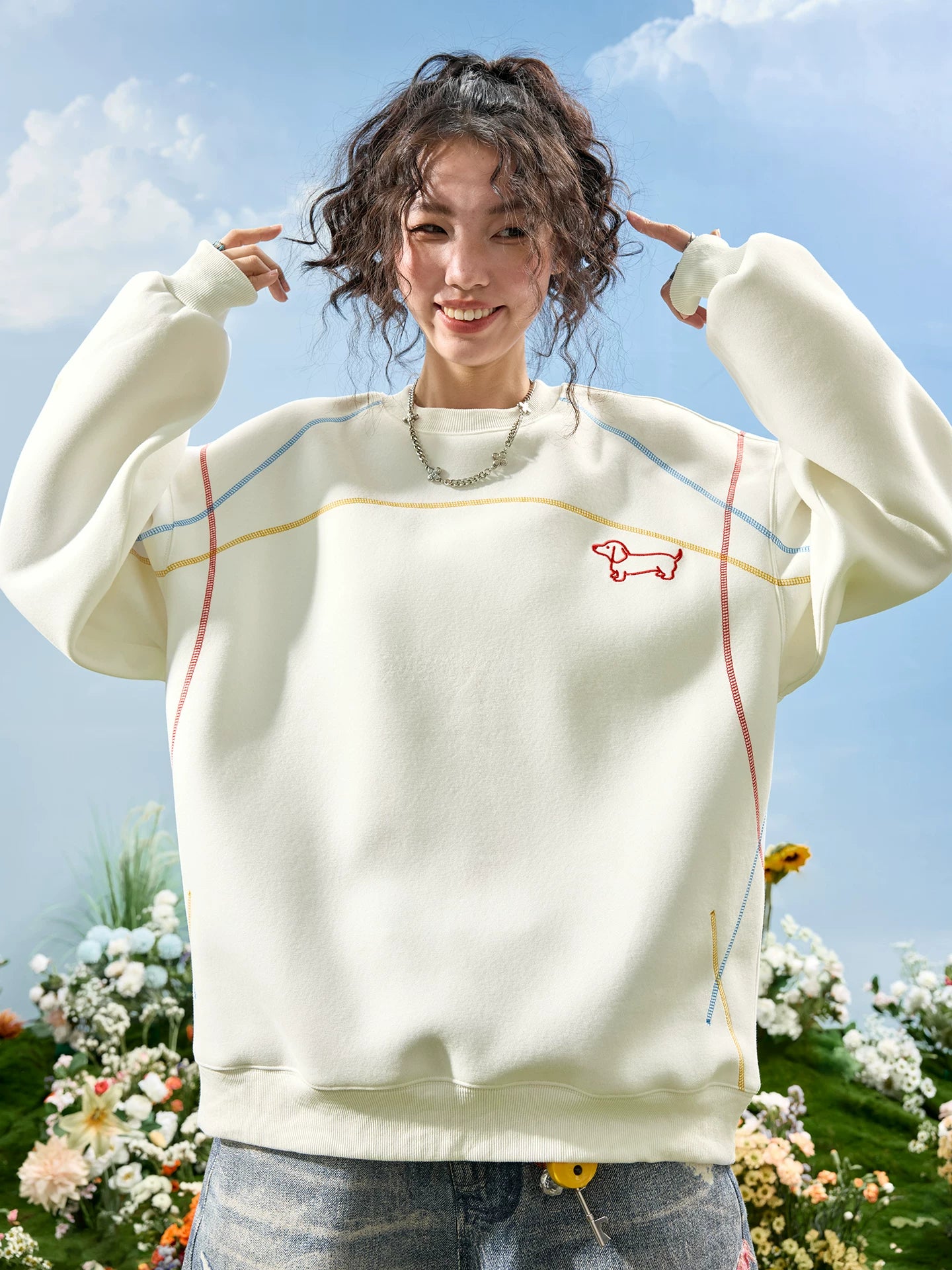 Dachshund Embroidered Oversized Crewneck Sweatshirt