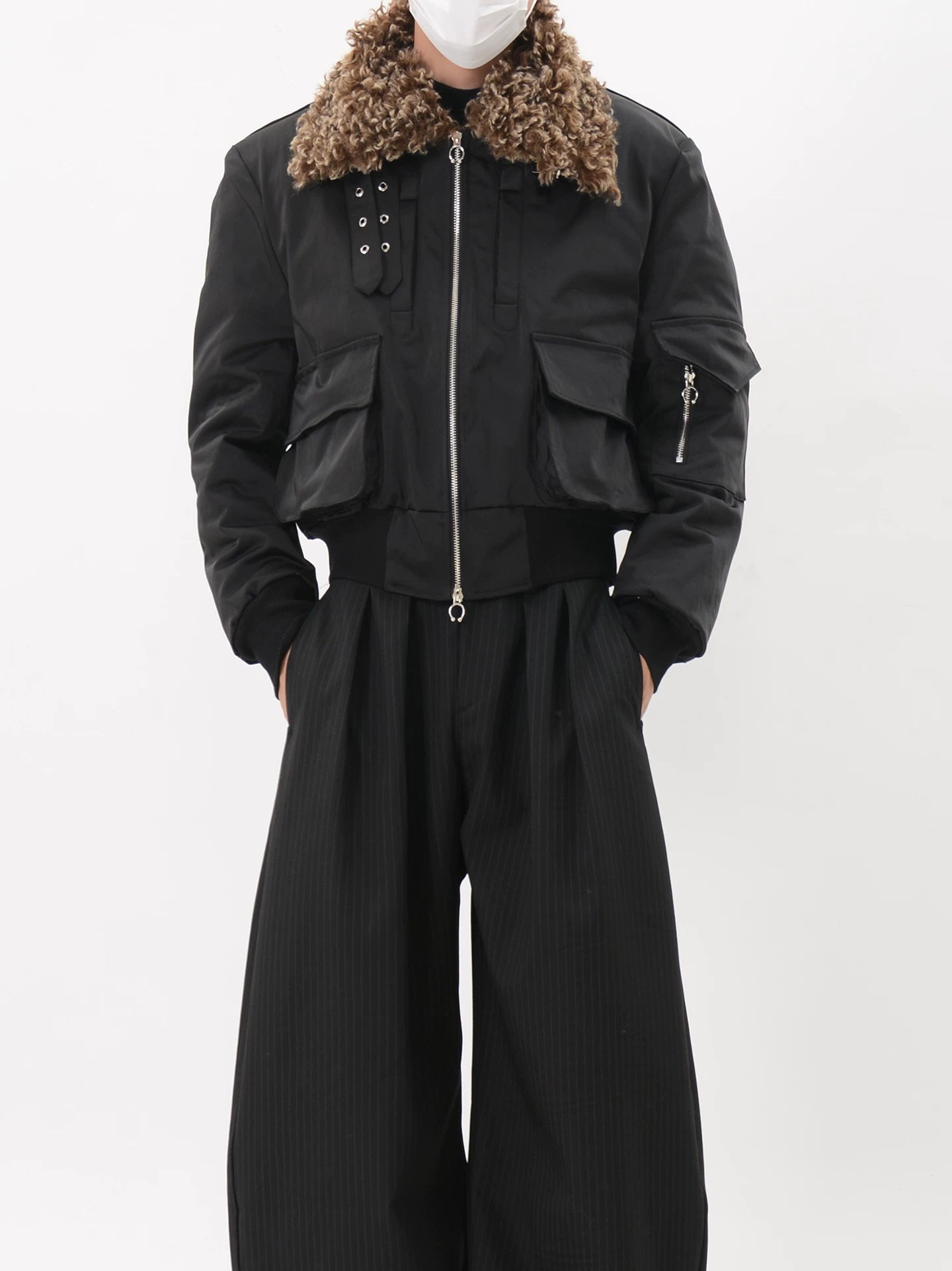 Black Faux Fur Collar Utility Bomber Jacket
