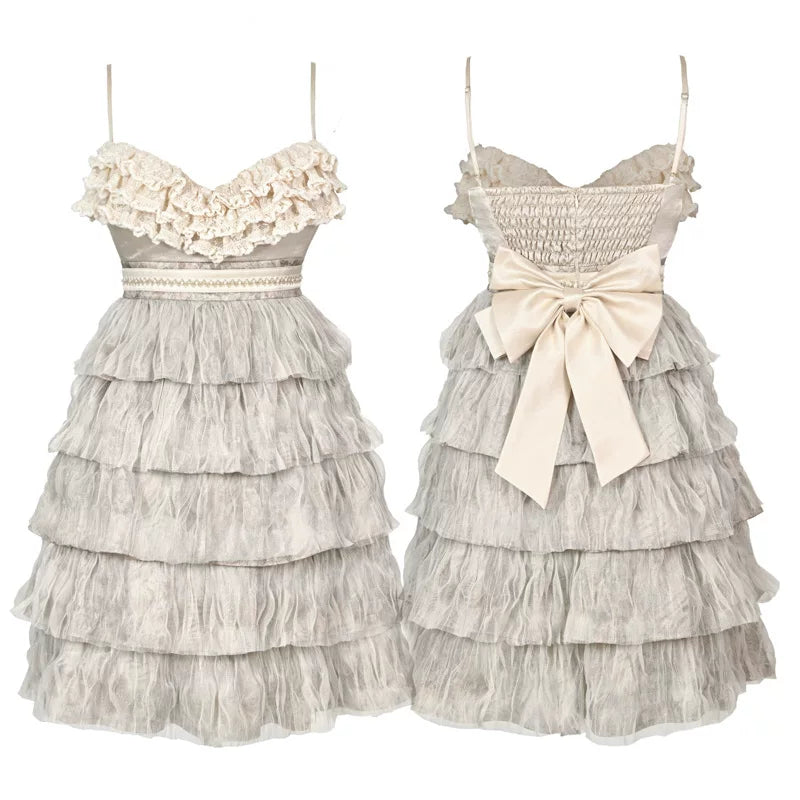 Cream Ruffle Bow Tiered Midi Dress