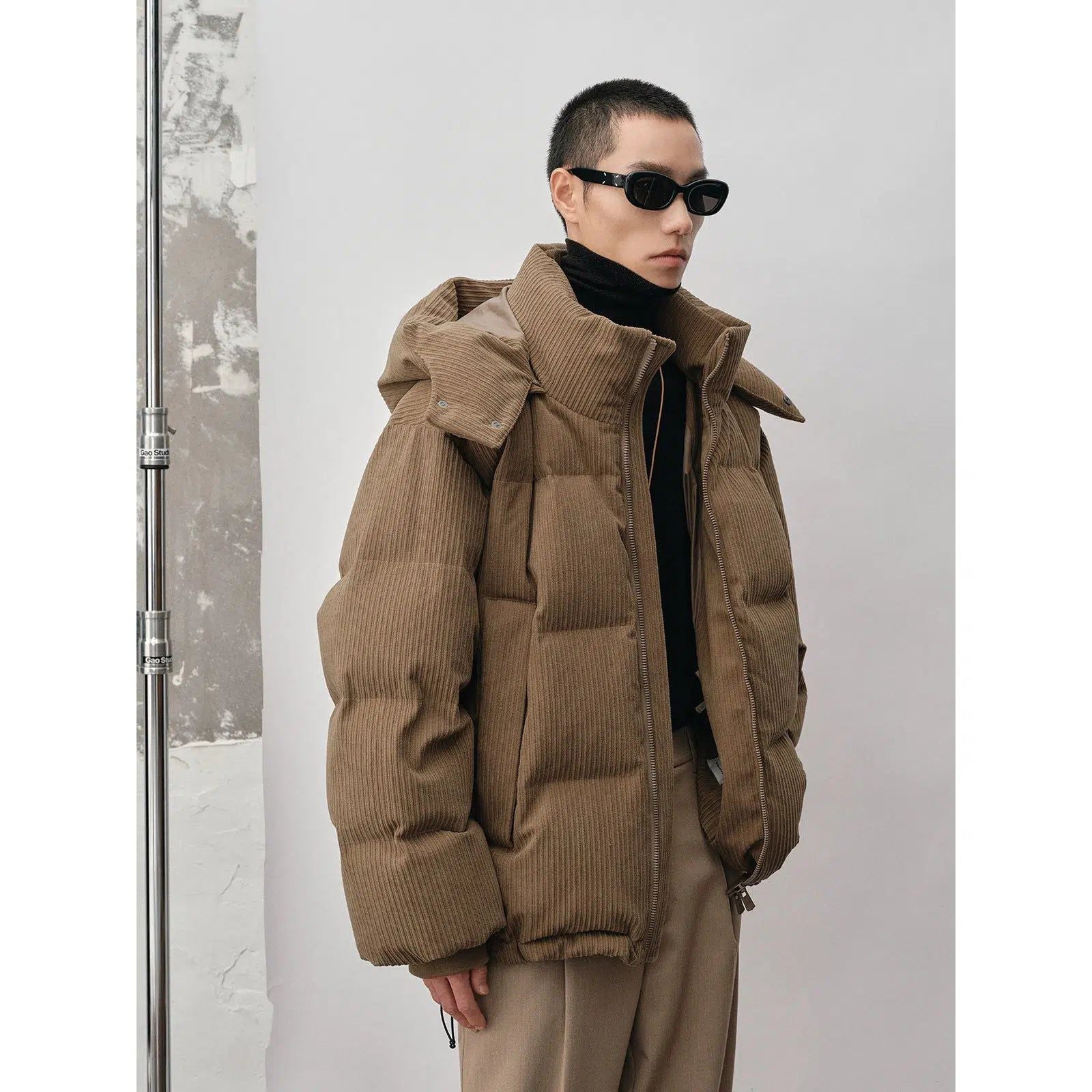 Hooded Down Jacket with Oversized Corduroy - chiclara