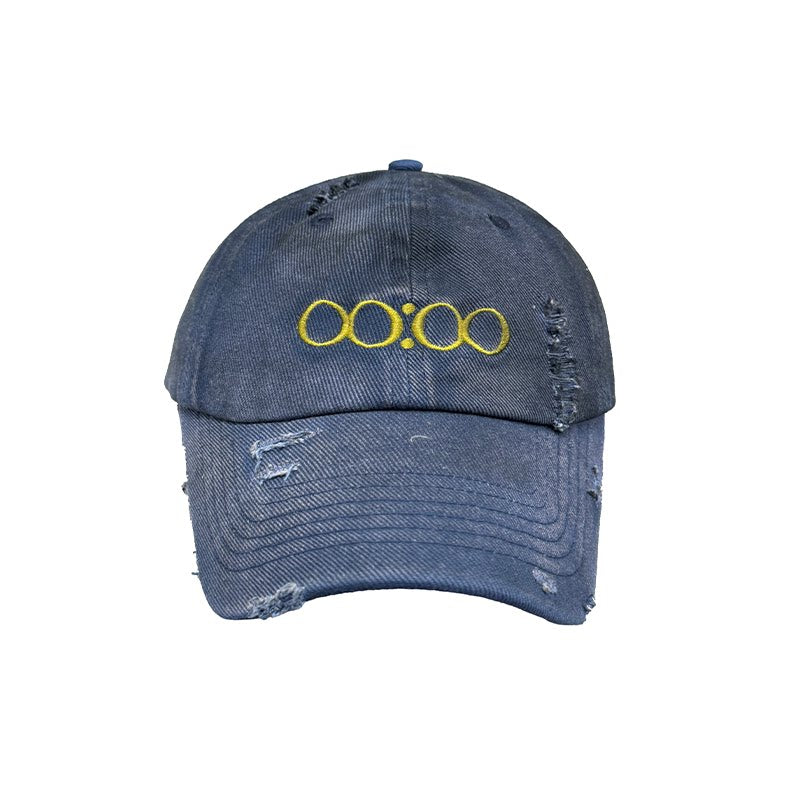 Distressed Denim Cap with Yellow Circle Embroidery