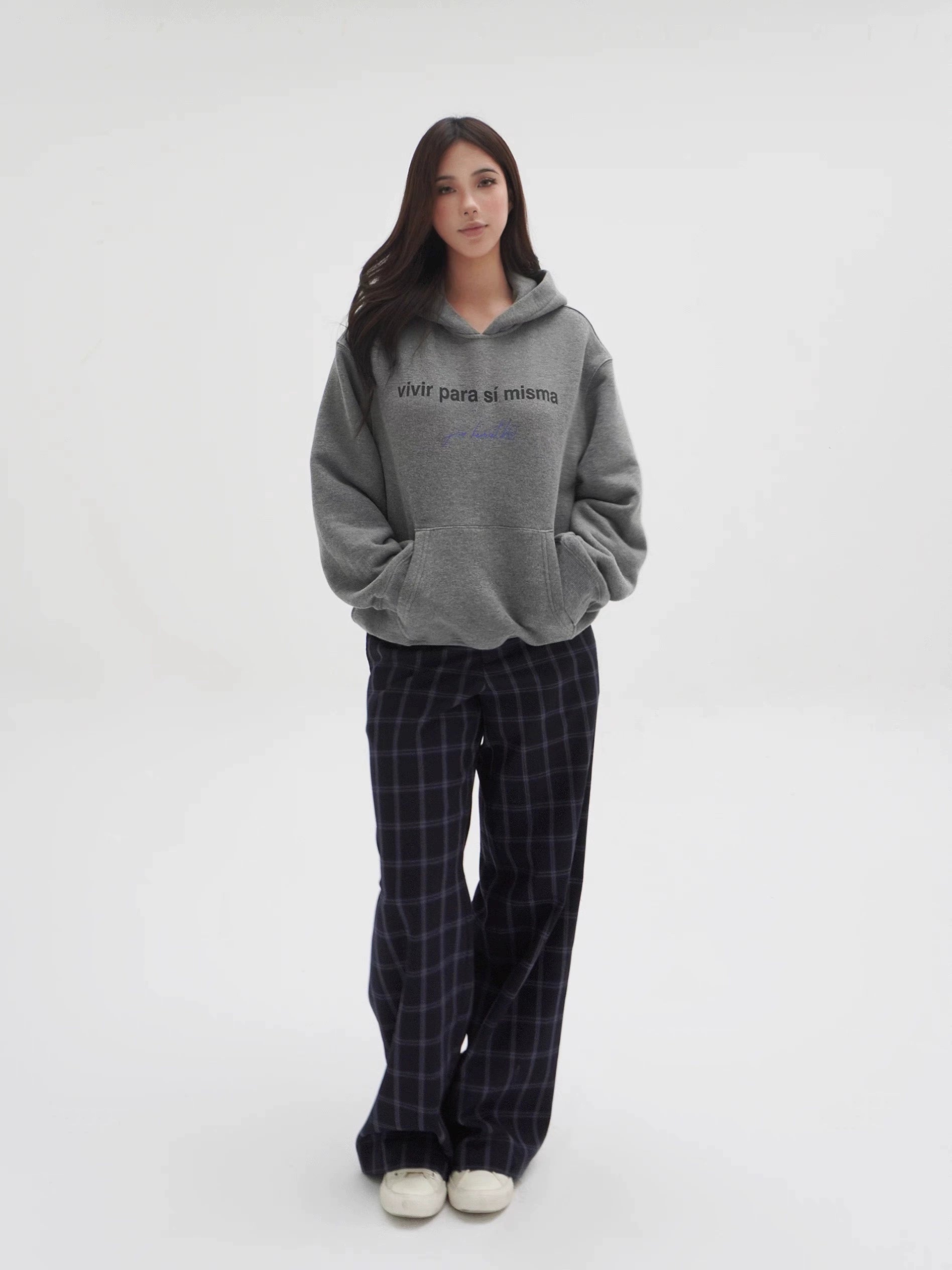 Low-Waist Blue Plaid Loose Casual Pants