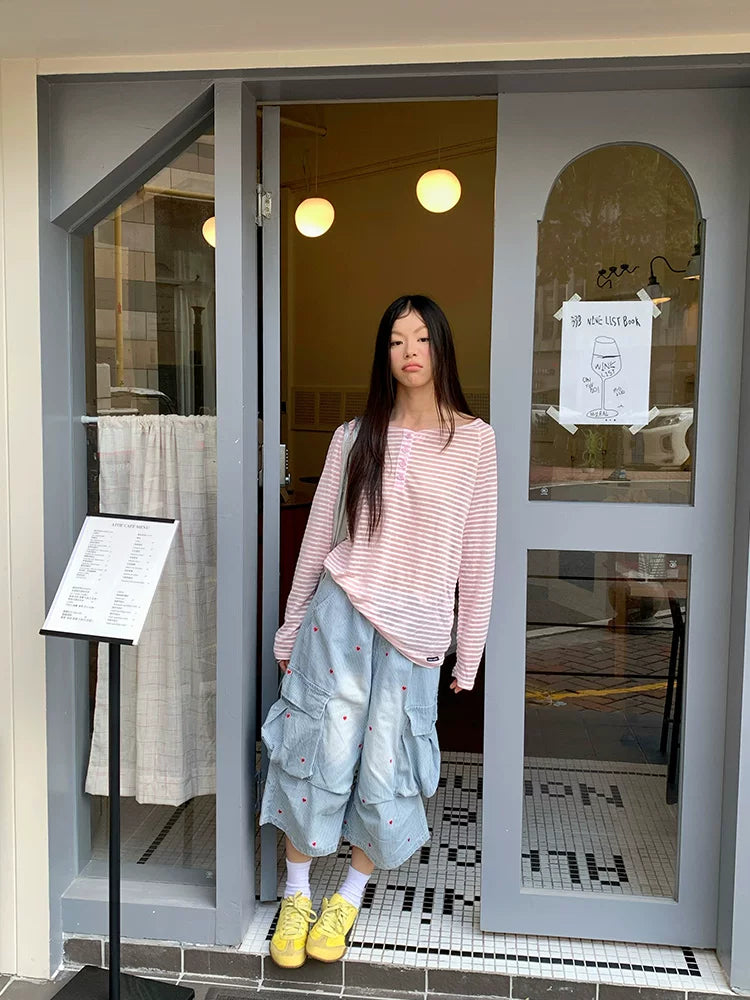 Blush Breeze Off‑Shoulder Stripe Tee