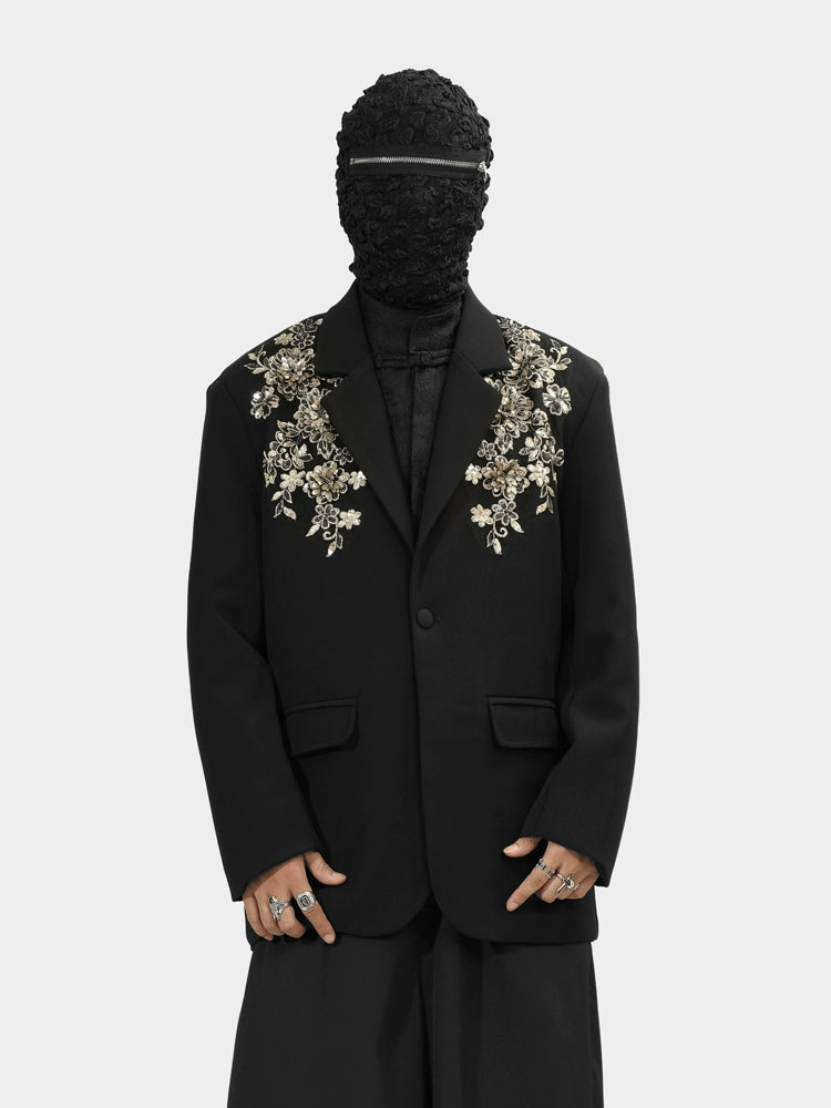 Black Blazer with Gold Floral Embroidery on Lapels