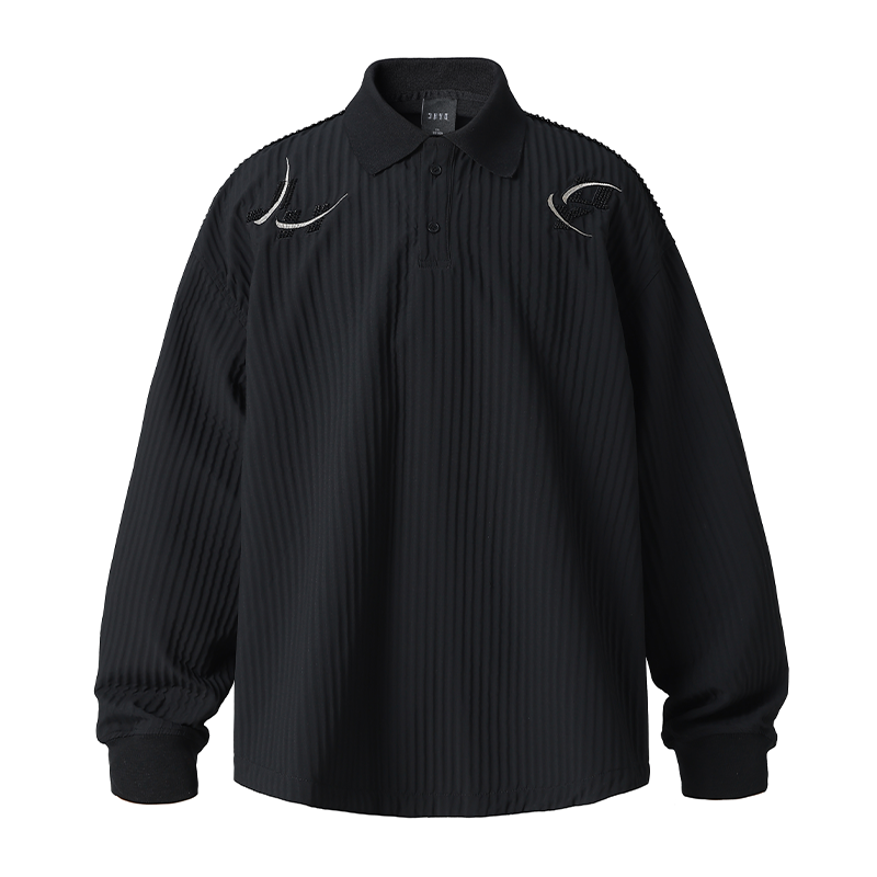 Beaded Embroidery Long Sleeve Polo Shirt - chiclara