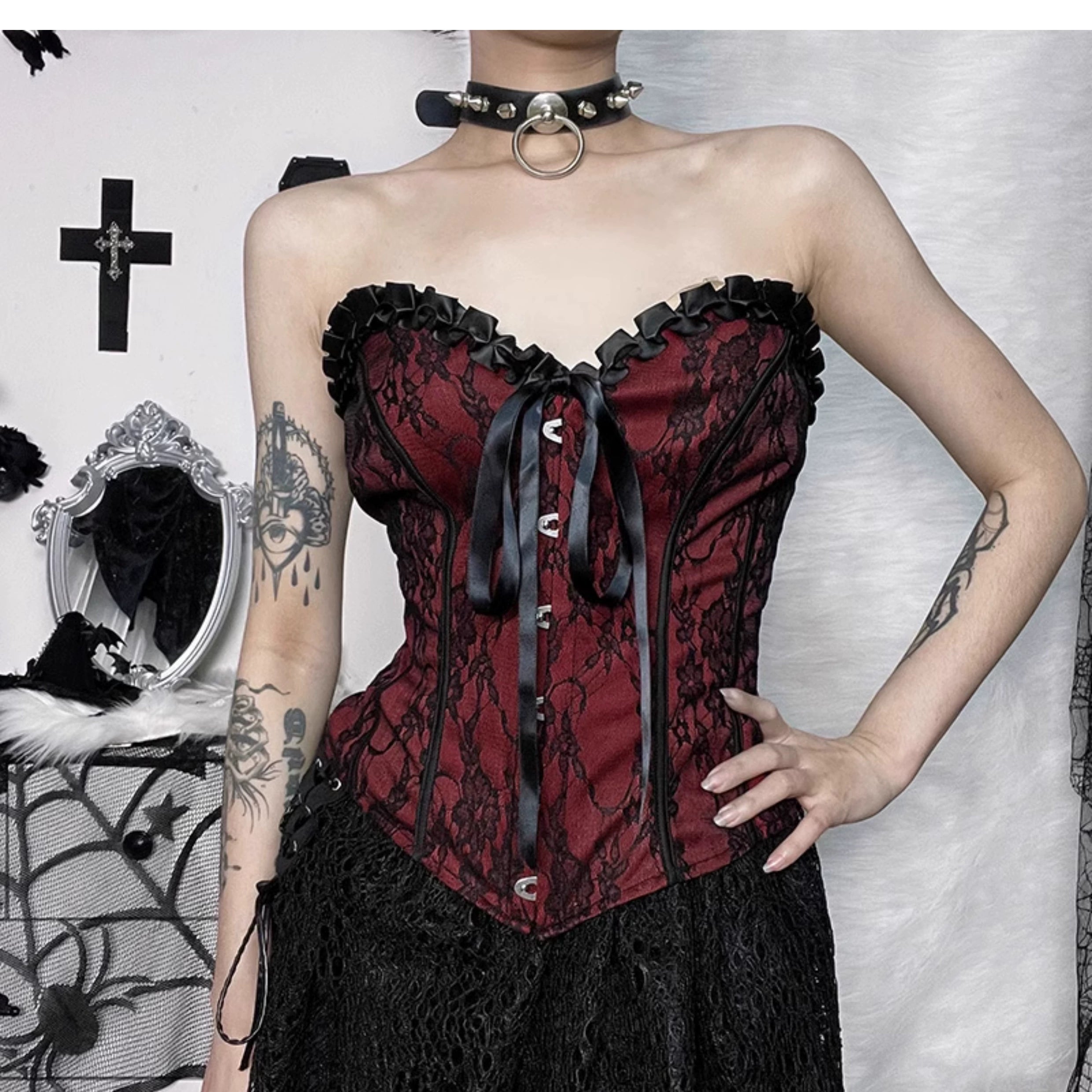 Wannathis Gothic Lace-Up Corset - Red And Black Floral Brocade Bustier With Ruffle Trim