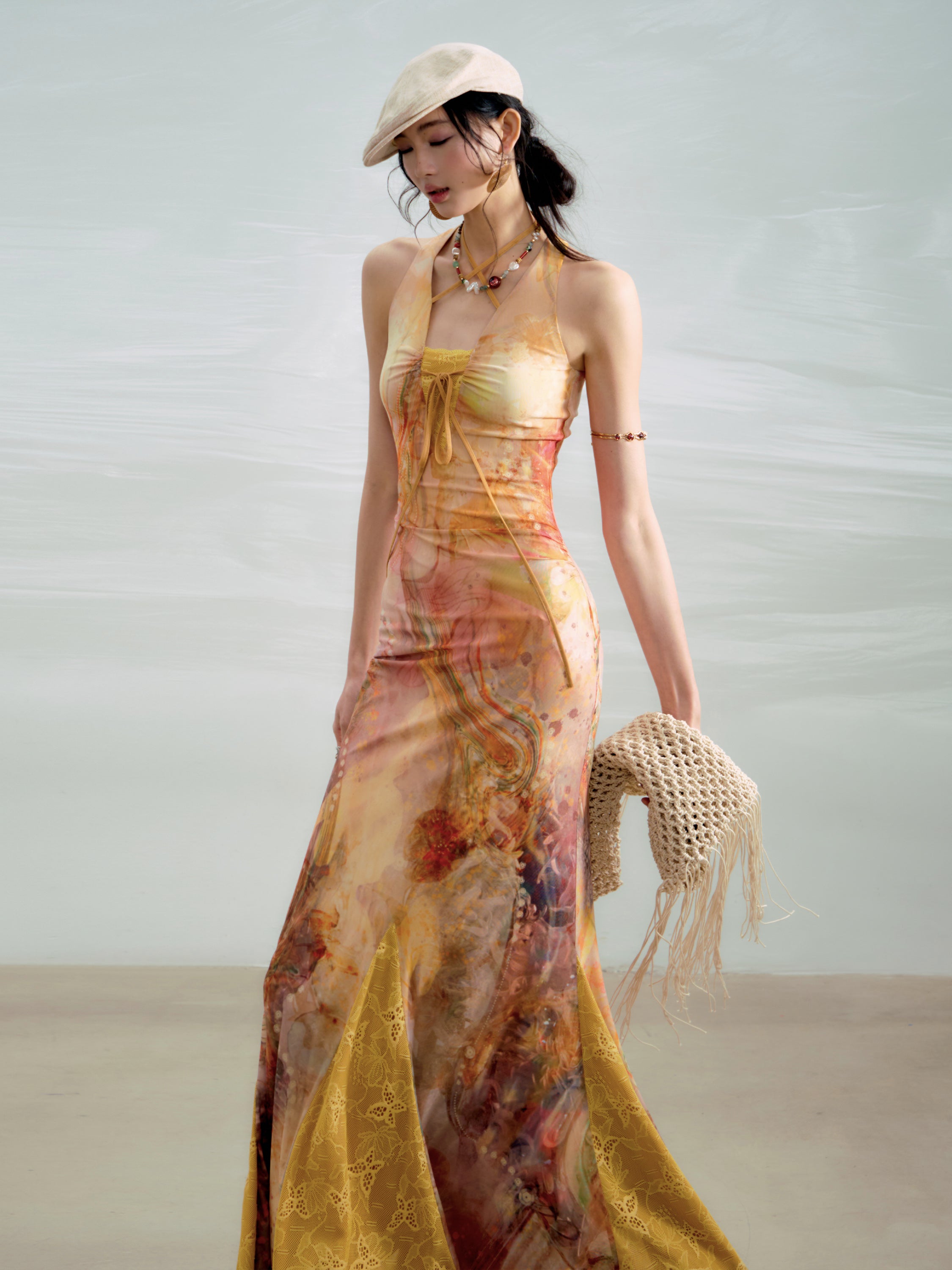 Gold-Trimmed Lace Print Mermaid Gown