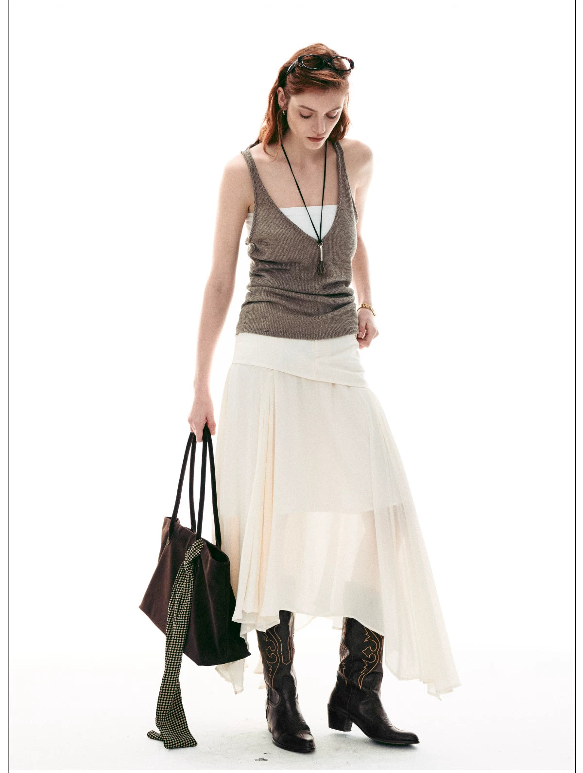 Desert Veil Asymmetric Pleated Midi Skirt