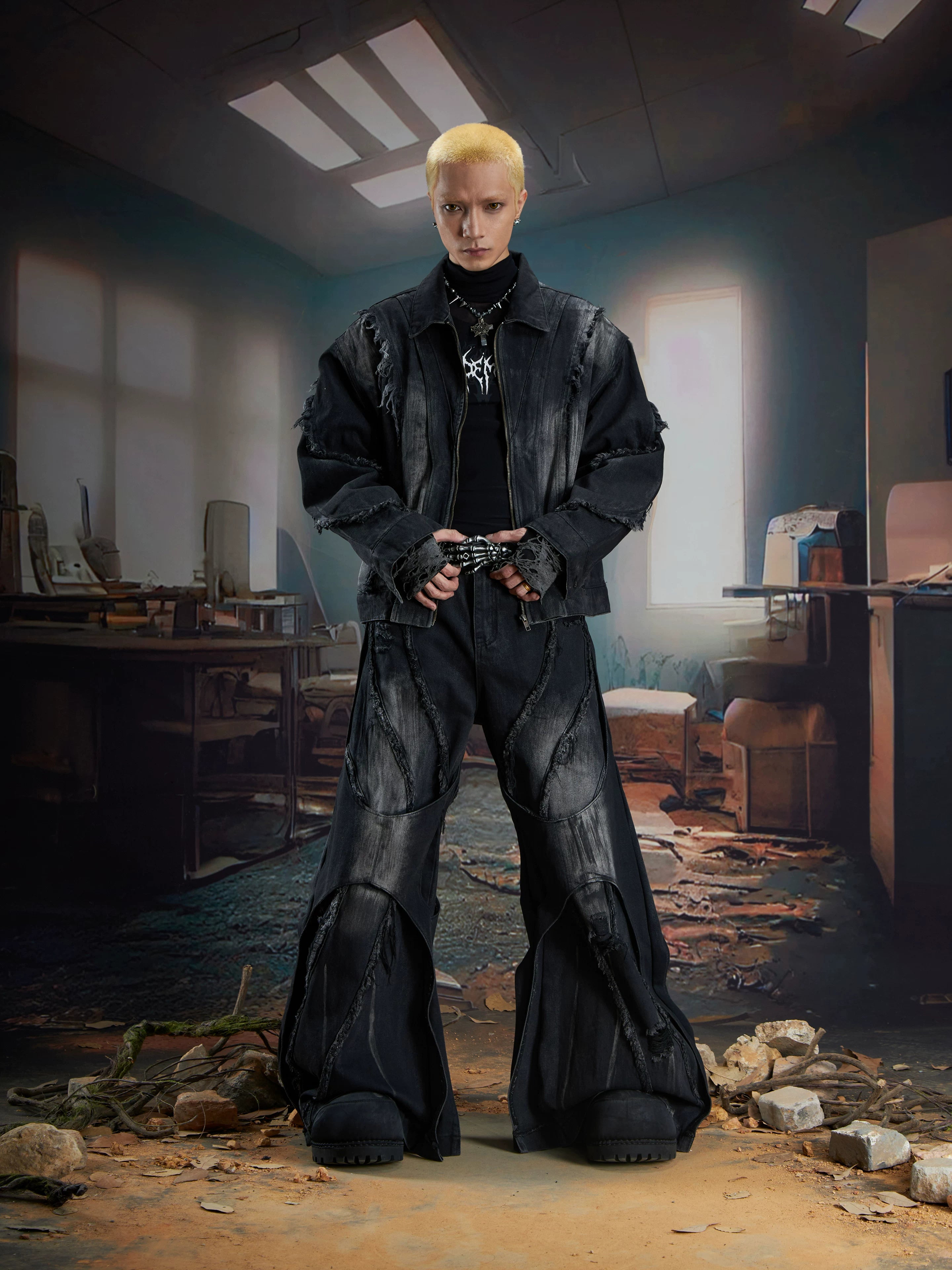 Obsidian Rift Shredded Flare Denim Pants