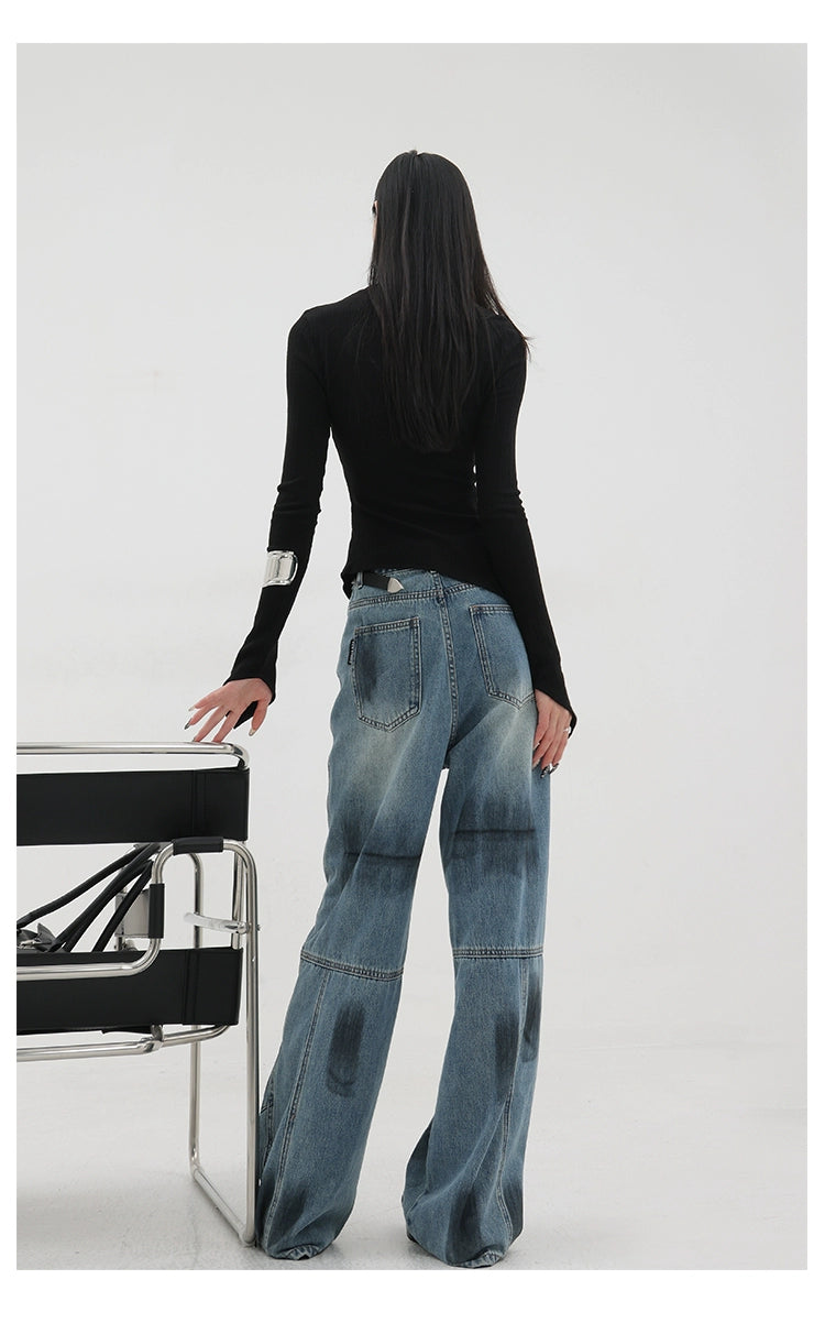 Vintage Distressed And Dirt-Dyed Patchwork Wide-Leg Jeans - chiclara