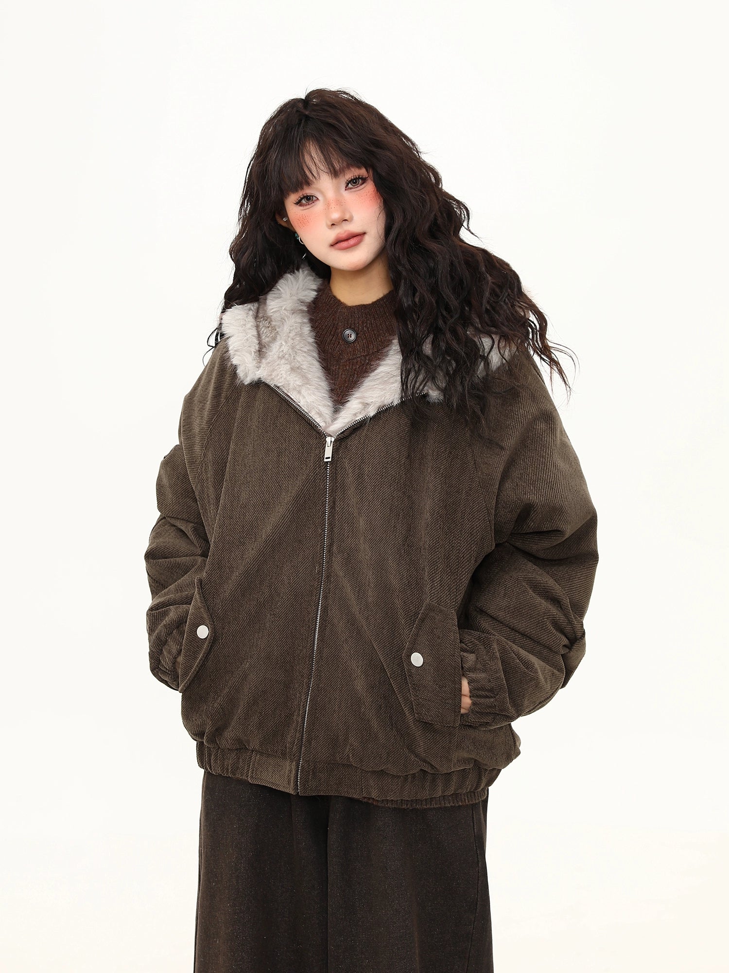 Moss Herringbone Faux Fur Collar Jacket