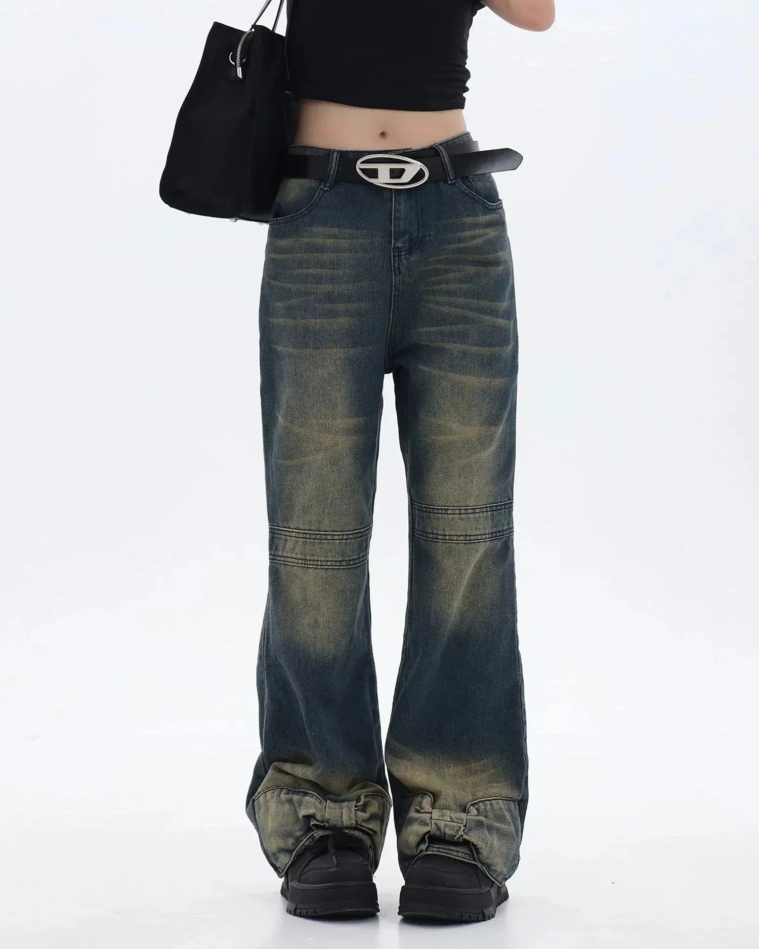Bow Embellished Washed Denim Jeans - chiclara