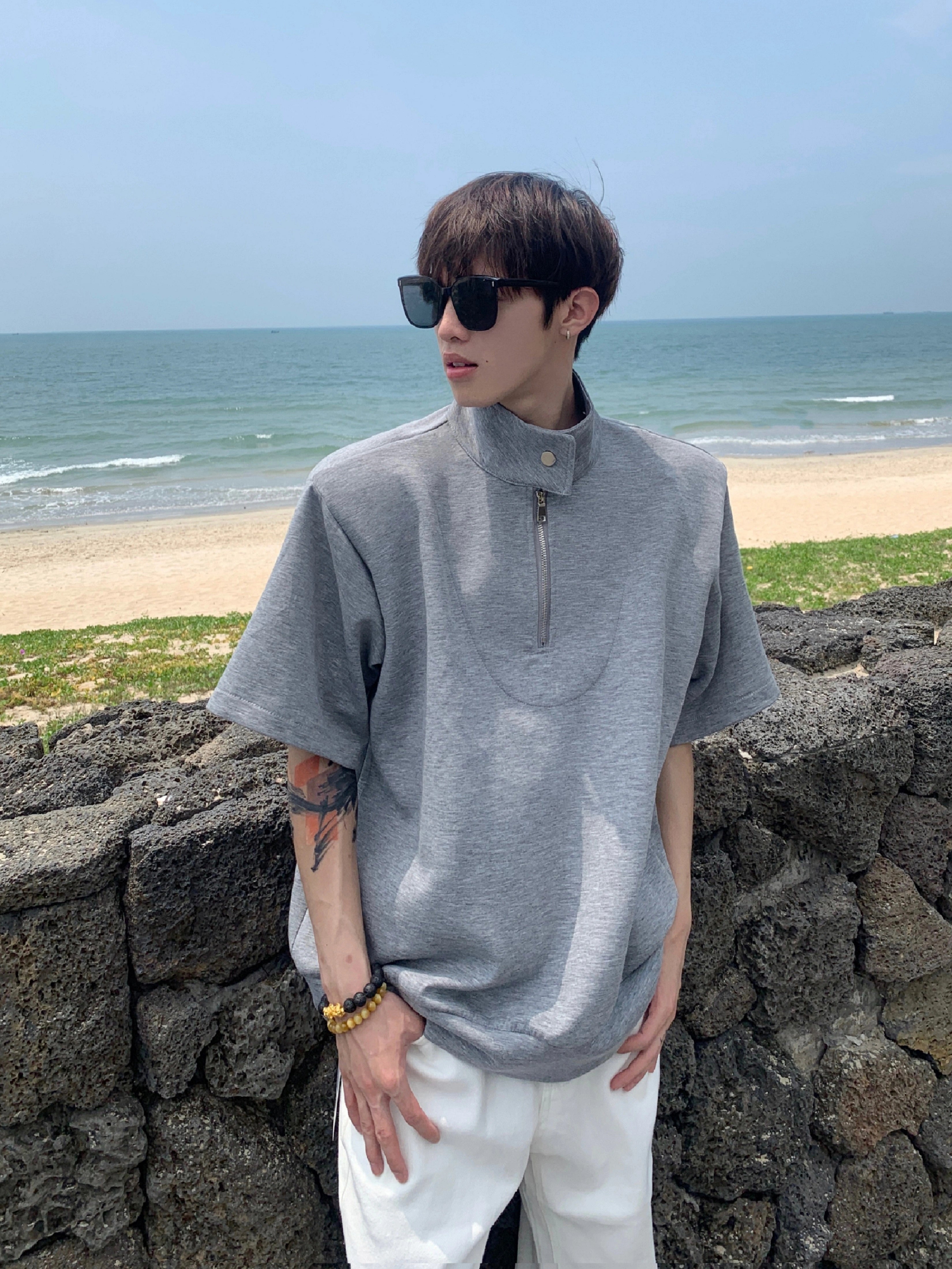 Gray Half-Zip Stand Collar Shirt