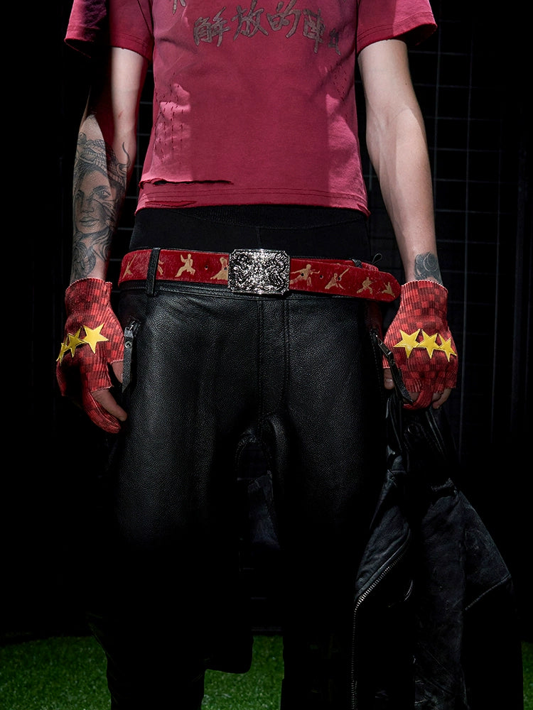 Red Fingerless Star Patch Gloves