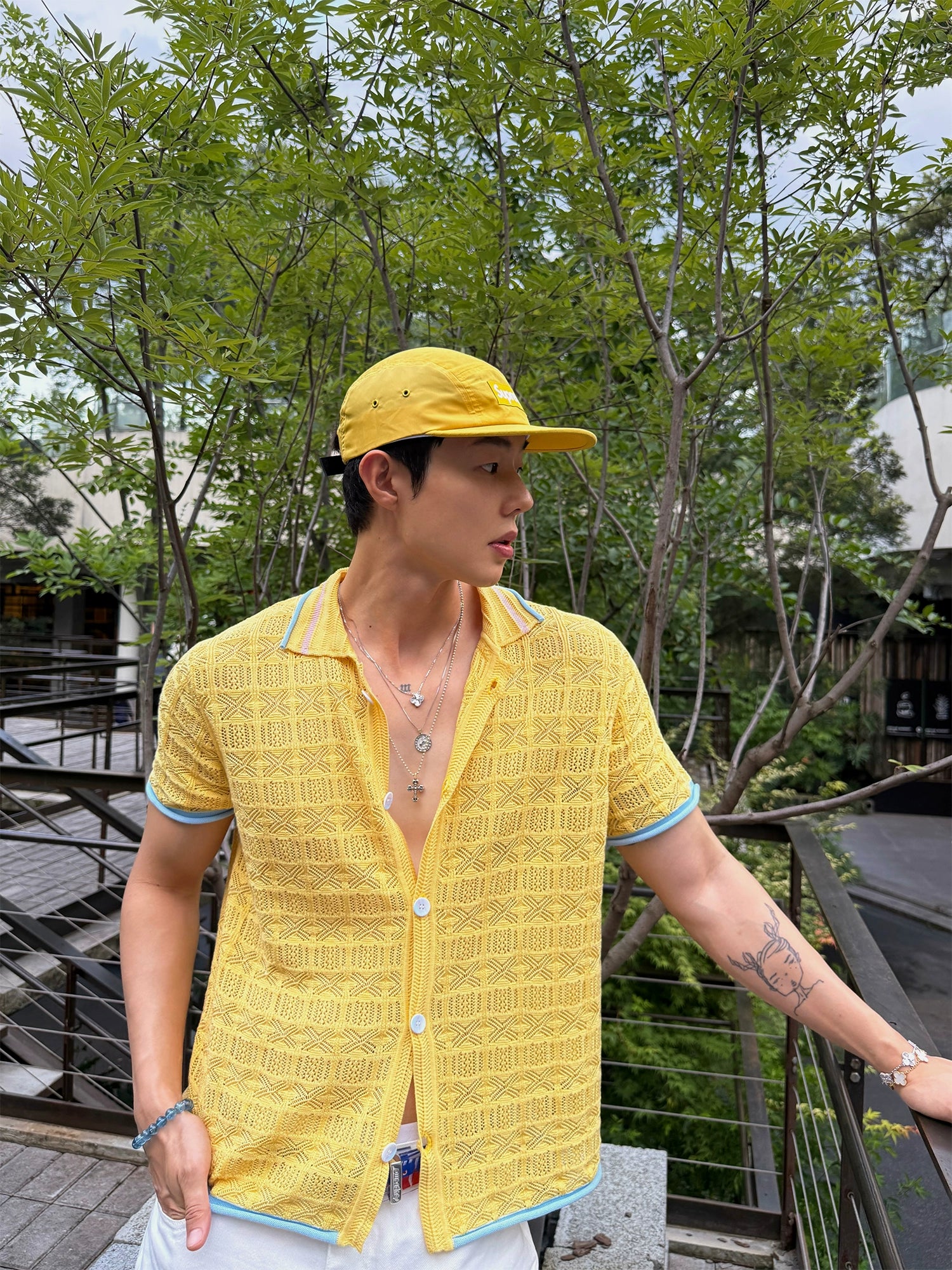 Yellow Crochet Short Sleeve Shirt with Blue Trim