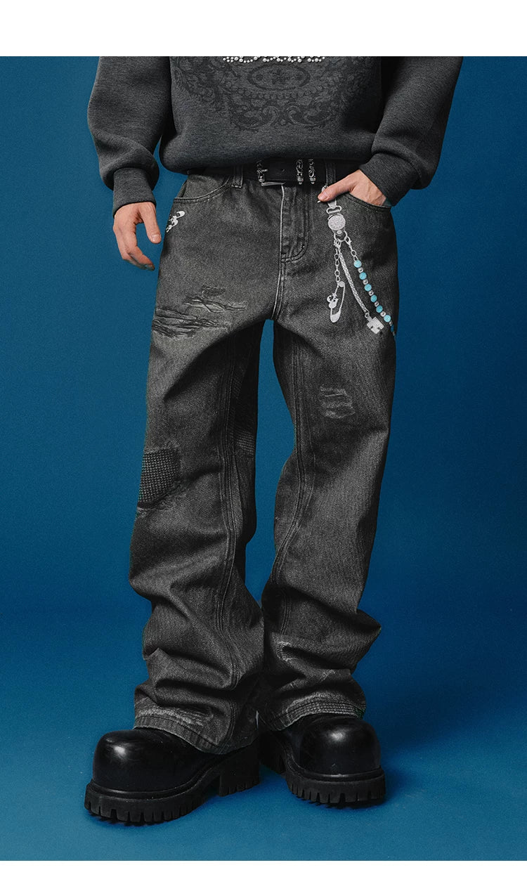 Chain Print Distressed Wide Leg Jeans