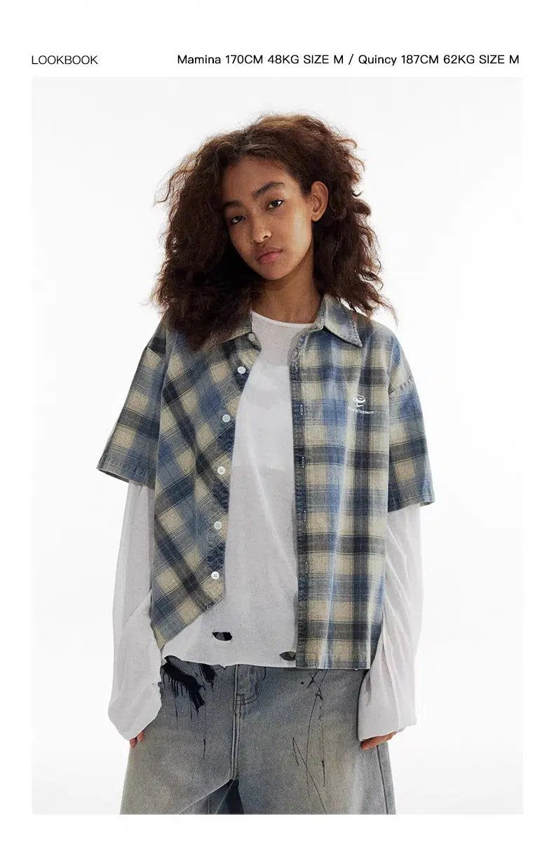 Trendy Nonparallel Plaid Buttoned Shirt - chiclara