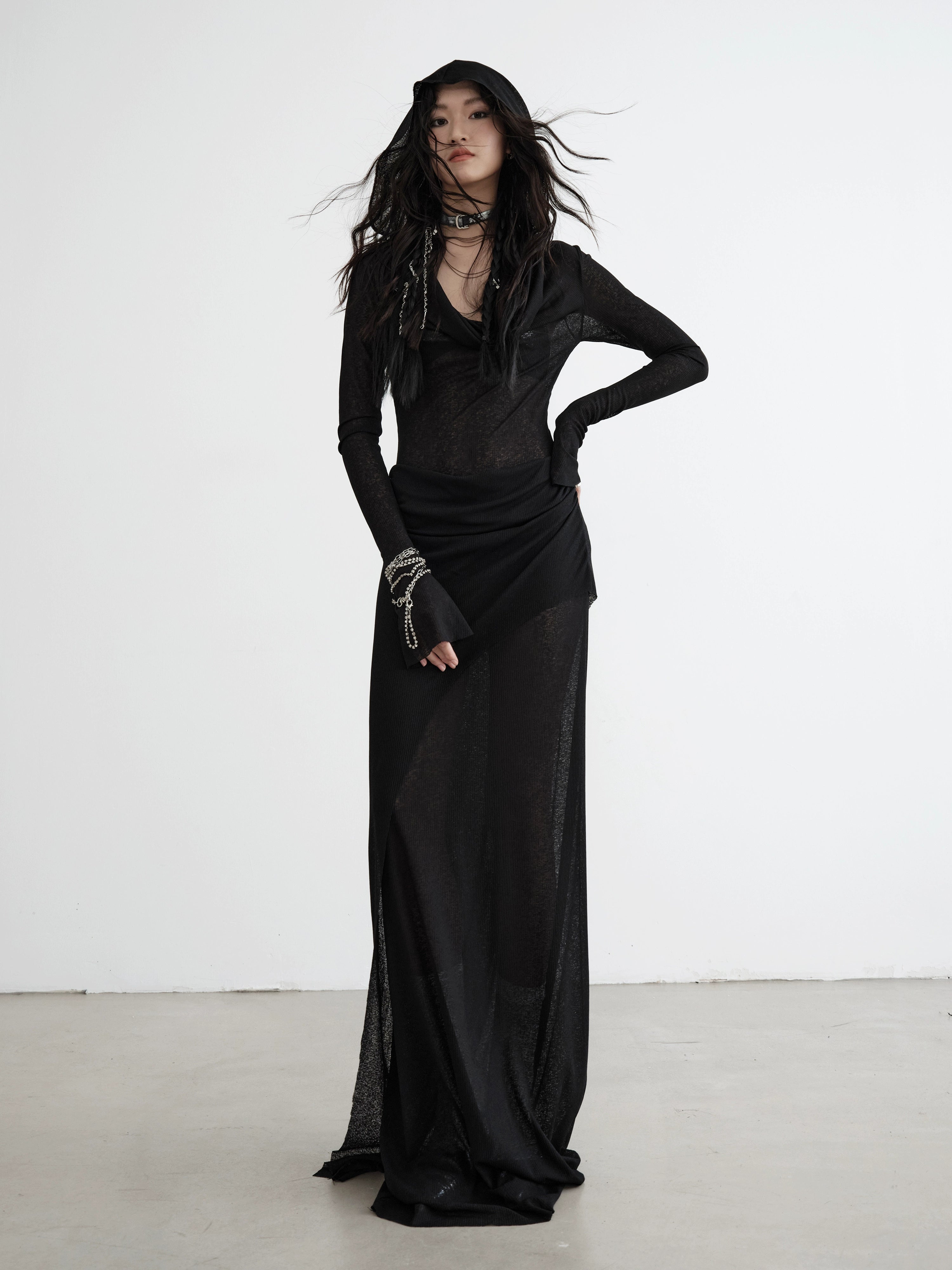 Sheer Black Hooded Maxi Dress
