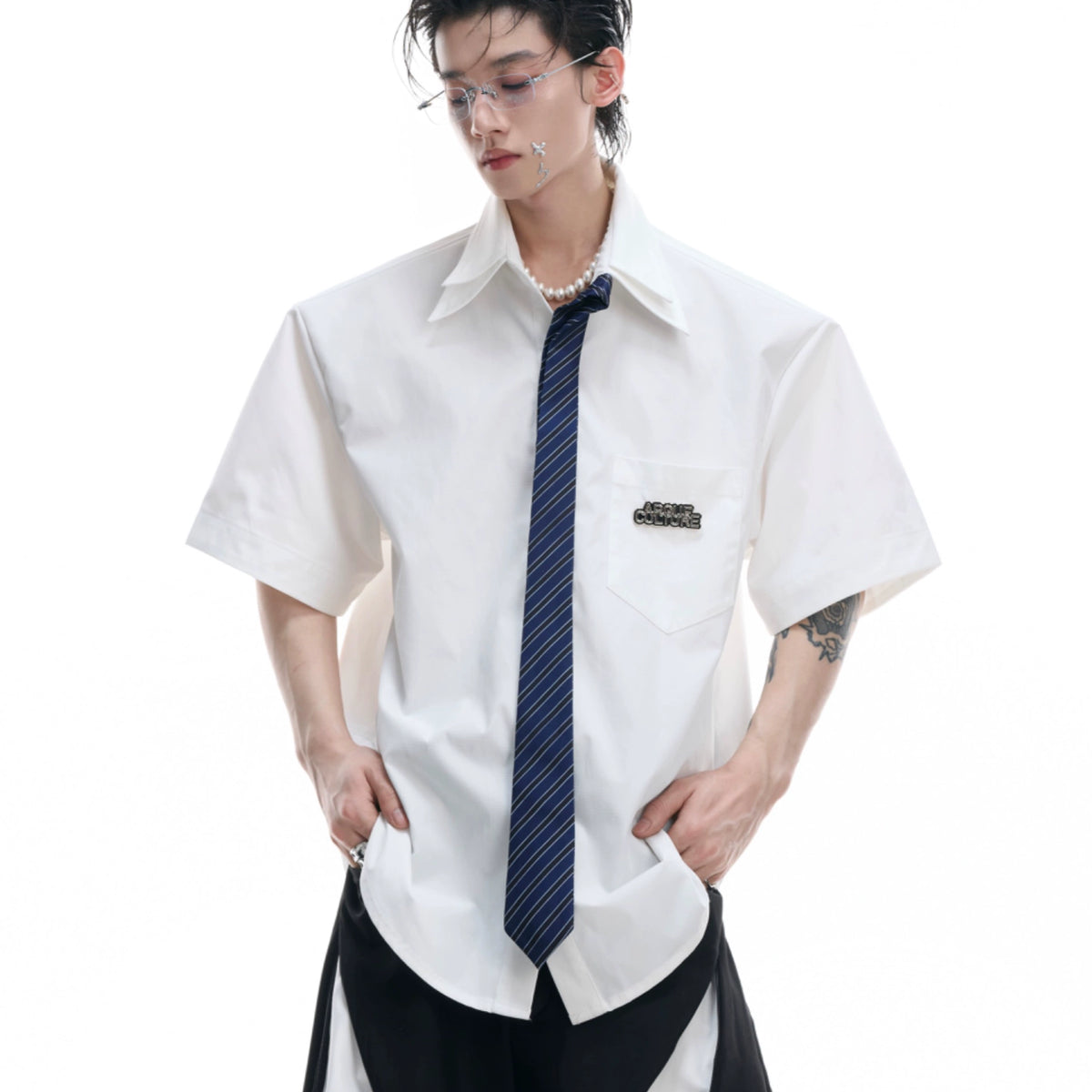 White Short Sleeve Shirt With Tie Blue / S