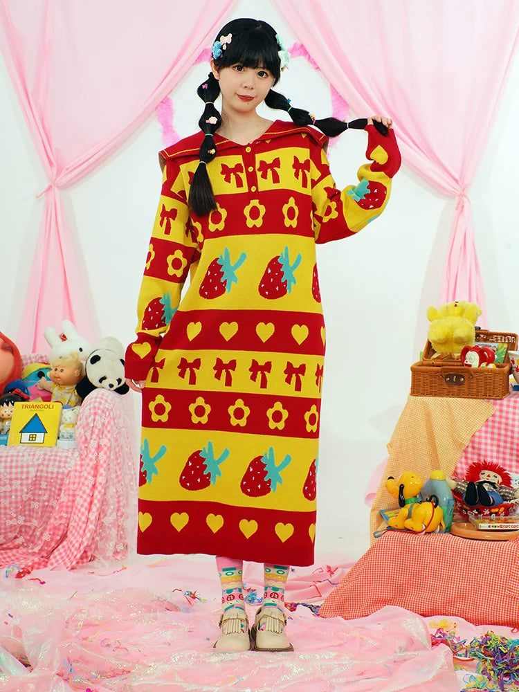 Strawberry Pattern Hooded Knit Sweater Dress
