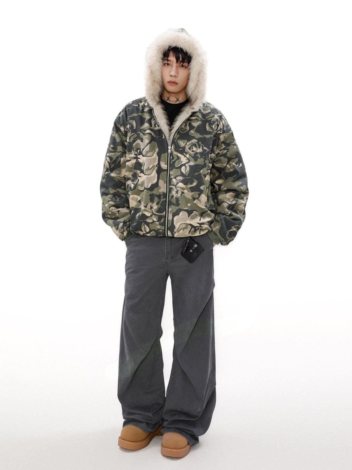 Camouflage Puffer Jacket with Fur-Lined Hood