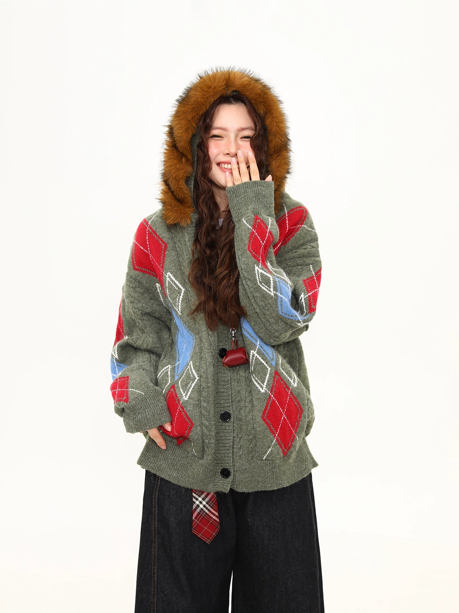 Frosty Argyle Faux-Fur Hood Cardigan