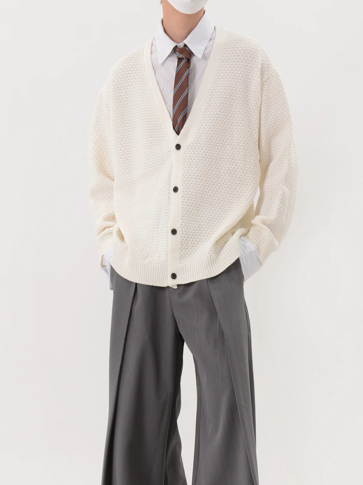 Textured Oversized V-Neck Knit Cardigan