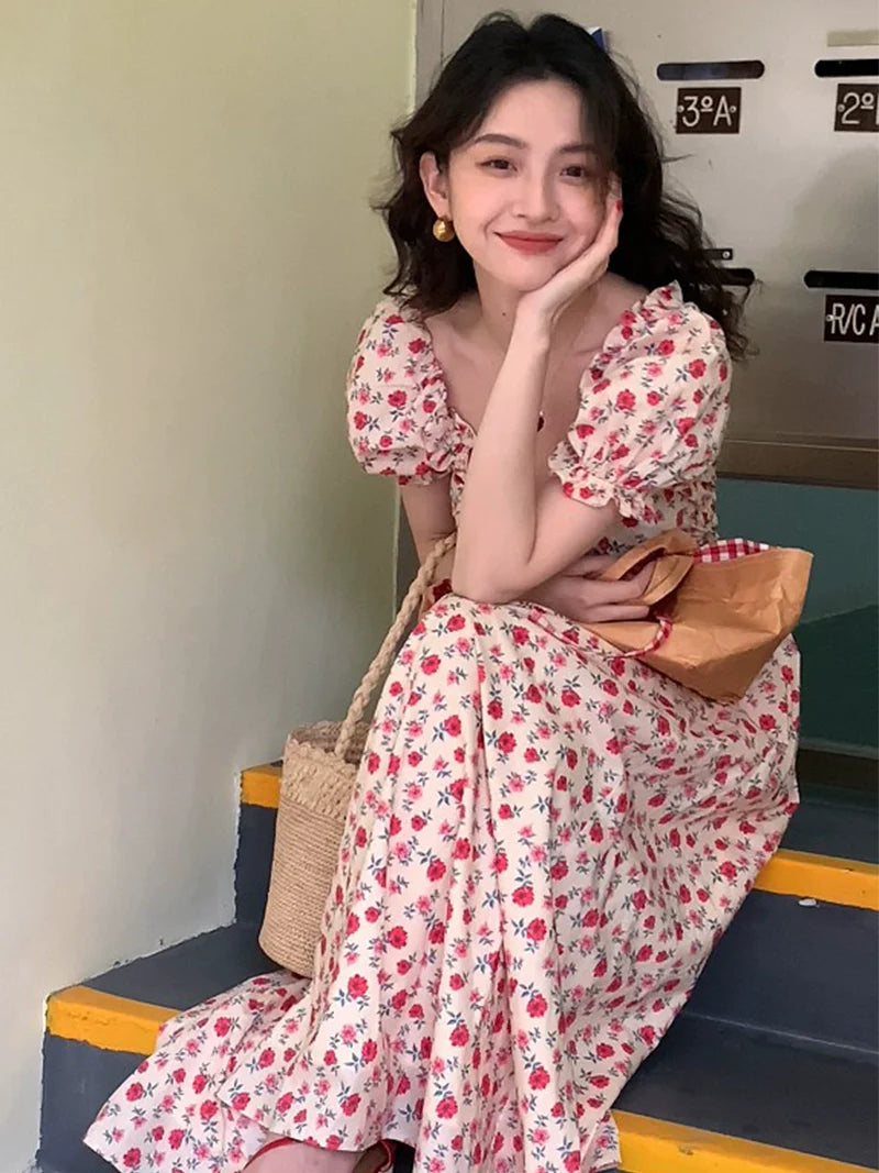 Puff-Sleeve Maxi Dress with Red Floral Print